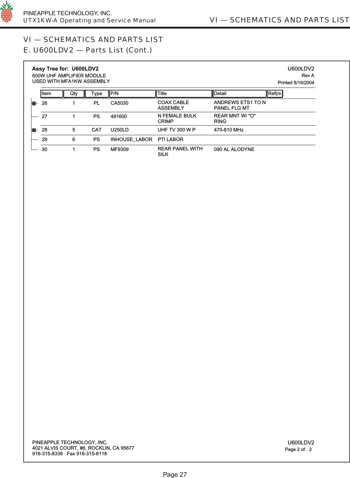  PINEAPPLE TECHNOLOGY, INC.  UTX1KW-A Operating and Service Manual VI — SCHEMATICS AND PARTS LISTPage 27VI — SCHEMATICS AND PARTS LISTE. U600LDV2 — Parts List (Cont.)CA503026 1 PL COAX CABLEASSEMBLYANDREWS ETS1 TO NPANEL FLG MT49160027 1 PS N FEMALE BULKCRIMPREAR MNT W/ &quot;O&quot;RINGU250LD28 5 CAT UHF TV 300 W P 470-810 MHzINHOUSE_LABOR29 6 PS PTI LABOR MF930930 1 PS REAR PANEL WITHSILK090 AL ALODYNEAssy Tree for:  U600LDV2Item Qty Type P/N Title Detail Ref(m U600LDV2Printed 8/16/2004Rev A600W UHF AMPLIFIER MODULEUSED WITH MFA1KW ASSEMBLYPINEAPPLE TECHNOLOGY, INC.4021 ALVIS COURT, #6, ROCKLIN, CA 95677916-315-8338   Fax 916-315-8118 U600LDV22Page 2 of