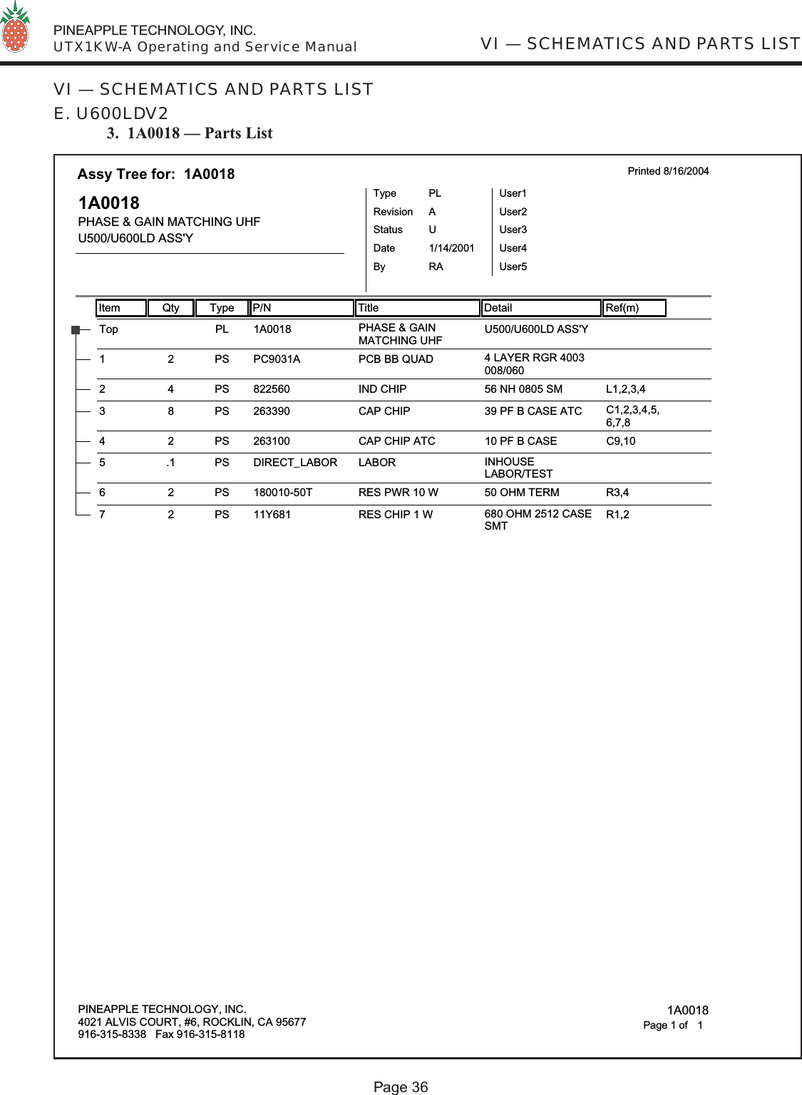  PINEAPPLE TECHNOLOGY, INC.  UTX1KW-A Operating and Service ManualPage 36VI — SCHEMATICS AND PARTS LISTVI — SCHEMATICS AND PARTS LISTE. U600LDV2 3.  1A0018 — Parts ListItem Qty Type P/N Title Detail Ref(m)Assy Tree for:  1A0018 Printed 8/16/20041A0018PHASE &amp; GAIN MATCHING UHFU500/U600LD ASS&apos;YTypeStatusRevisionPLUAUser1User2User3User4User5DateBy1/14/2001RA1A0018Top PL PHASE &amp; GAINMATCHING UHFU500/U600LD ASS&apos;YPC9031A1 2 PS PCB BB QUAD 4 LAYER RGR 4003008/0608225602 4 PS IND CHIP 56 NH 0805 SM L1,2,3,42633903 8 PS CAP CHIP 39 PF B CASE ATC C1,2,3,4,5,6,7,82631004 2 PS CAP CHIP ATC 10 PF B CASE C9,10DIRECT_LABOR5.1PS LABOR INHOUSELABOR/TEST180010-50T6 2 PS RES PWR 10 W 50 OHM TERM R3,411Y6817 2 PS RES CHIP 1 W 680 OHM 2512 CASESMTR1,2PINEAPPLE TECHNOLOGY, INC.4021 ALVIS COURT, #6, ROCKLIN, CA 95677916-315-8338   Fax 916-315-8118 1A00181Page 1 of