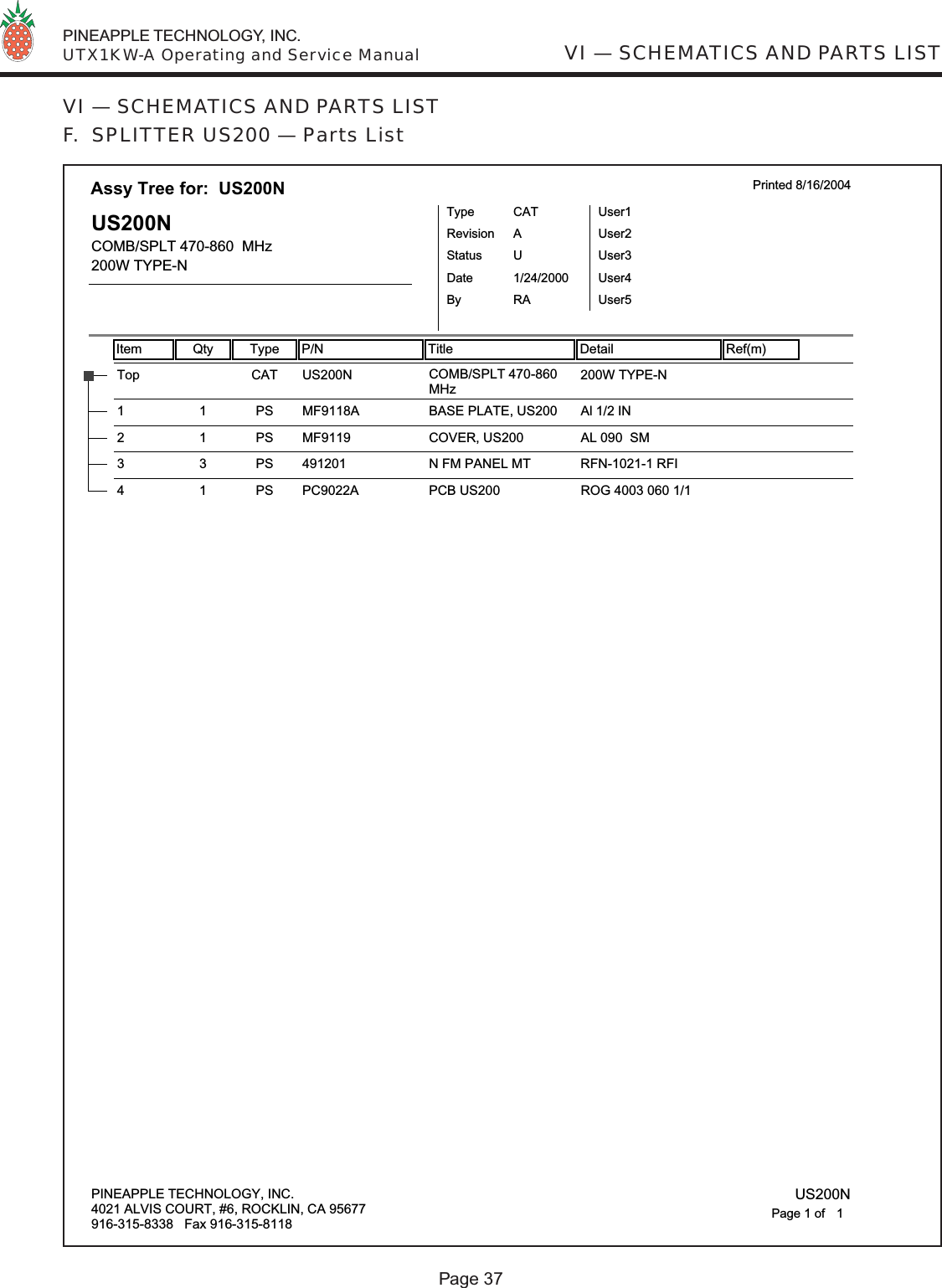  PINEAPPLE TECHNOLOGY, INC.  UTX1KW-A Operating and Service ManualPage 37VI — SCHEMATICS AND PARTS LISTVI — SCHEMATICS AND PARTS LISTF.  SPLITTER US200 — Parts ListItem Qty Type P/N Title Detail Ref(m)Assy Tree for:  US200N Printed 8/16/2004US200NCOMB/SPLT 470-860  MHz200W TYPE-NTypeStatusRevisionCATUAUser1User2User3User4User5DateBy1/24/2000RAUS200NTop CAT COMB/SPLT 470-860 MHz200W TYPE-NMF9118A1 1 PS BASE PLATE, US200 Al 1/2 IN MF91192 1 PS COVER, US200 AL 090  SM4912013 3 PS N FM PANEL MT RFN-1021-1 RFIPC9022A4 1 PS PCB US200 ROG 4003 060 1/1PINEAPPLE TECHNOLOGY, INC.4021 ALVIS COURT, #6, ROCKLIN, CA 95677916-315-8338   Fax 916-315-8118 US200N1Page 1 of