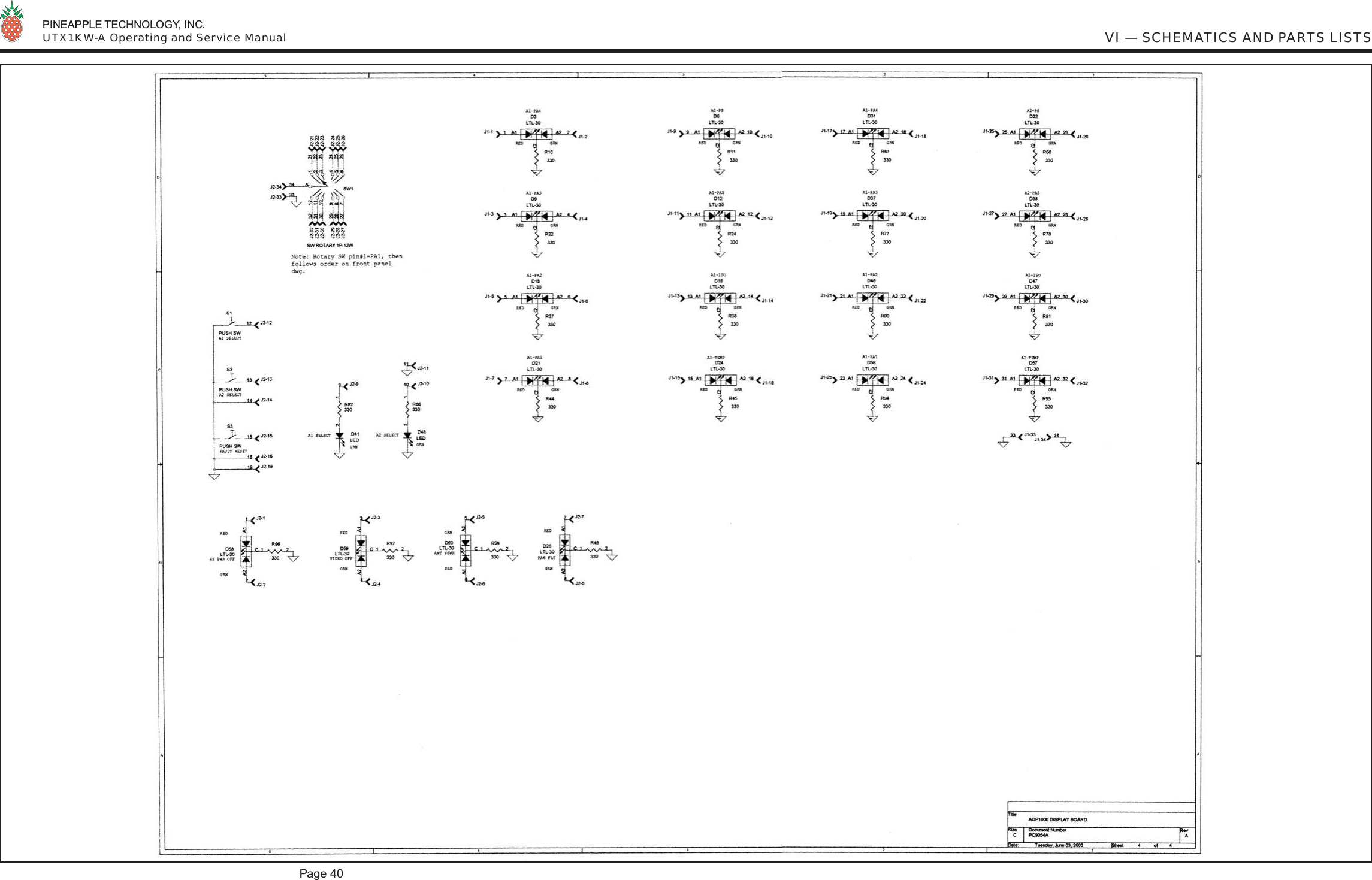  PINEAPPLE TECHNOLOGY, INC.  UTX1KW-A Operating and Service Manual VI — SCHEMATICS AND PARTS LISTSPage 40