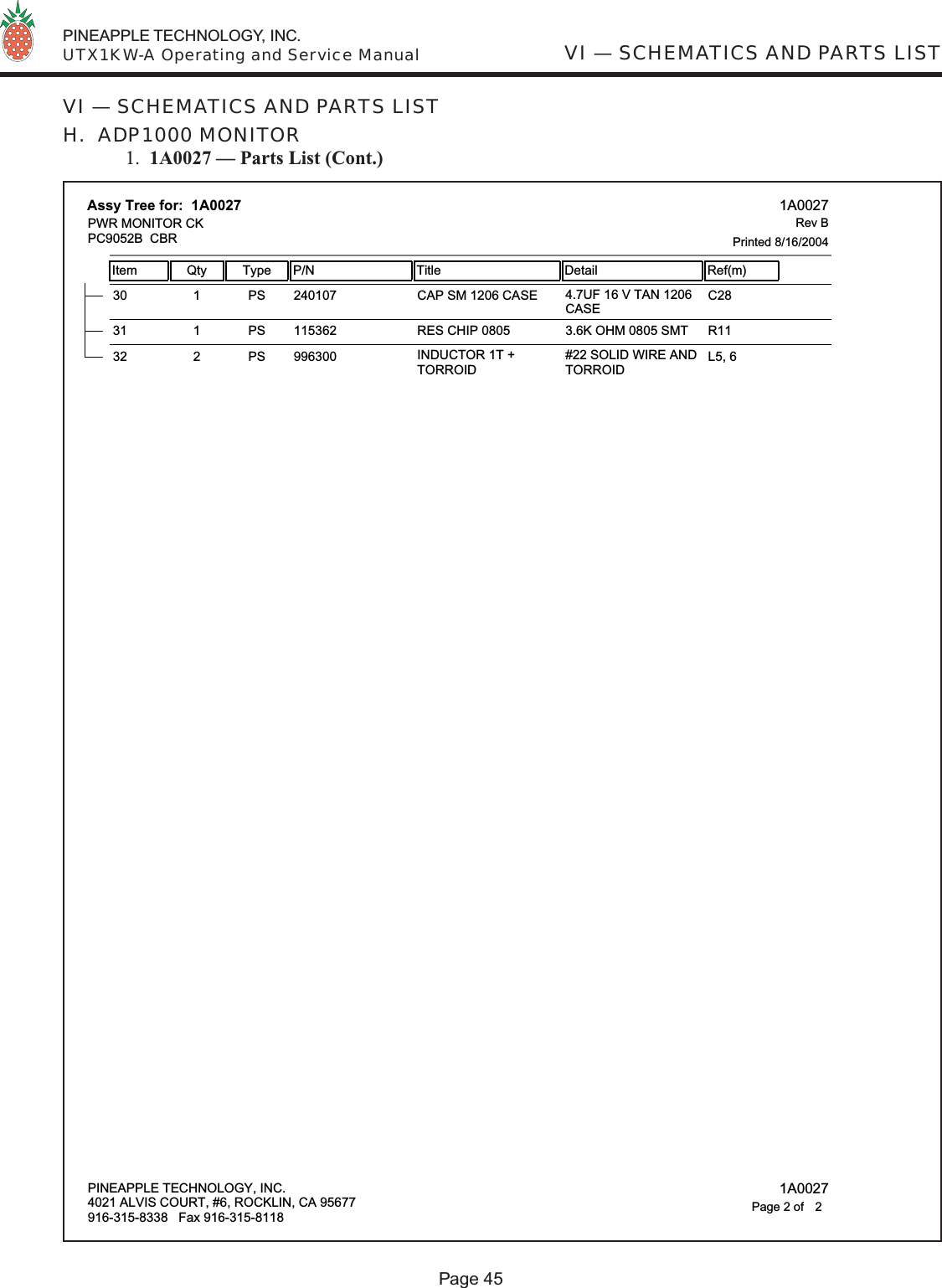  PINEAPPLE TECHNOLOGY, INC.  UTX1KW-A Operating and Service ManualPage 45VI — SCHEMATICS AND PARTS LISTVI — SCHEMATICS AND PARTS LISTH.  ADP1000 MONITOR 1.  1A0027 — Parts List (Cont.)24010730 1 PS CAP SM 1206 CASE 4.7UF 16 V TAN 1206CASEC2811536231 1 PS RES CHIP 0805 3.6K OHM 0805 SMT R1199630032 2 PS INDUCTOR 1T +TORROID#22 SOLID WIRE ANDTORROIDL5, 6Assy Tree for:  1A0027Item Qty Type P/N Title Detail Ref(m) 1A0027Printed 8/16/2004Rev BPWR MONITOR CKPC9052B  CBRPINEAPPLE TECHNOLOGY, INC.4021 ALVIS COURT, #6, ROCKLIN, CA 95677916-315-8338   Fax 916-315-8118 1A00272Page 2 of