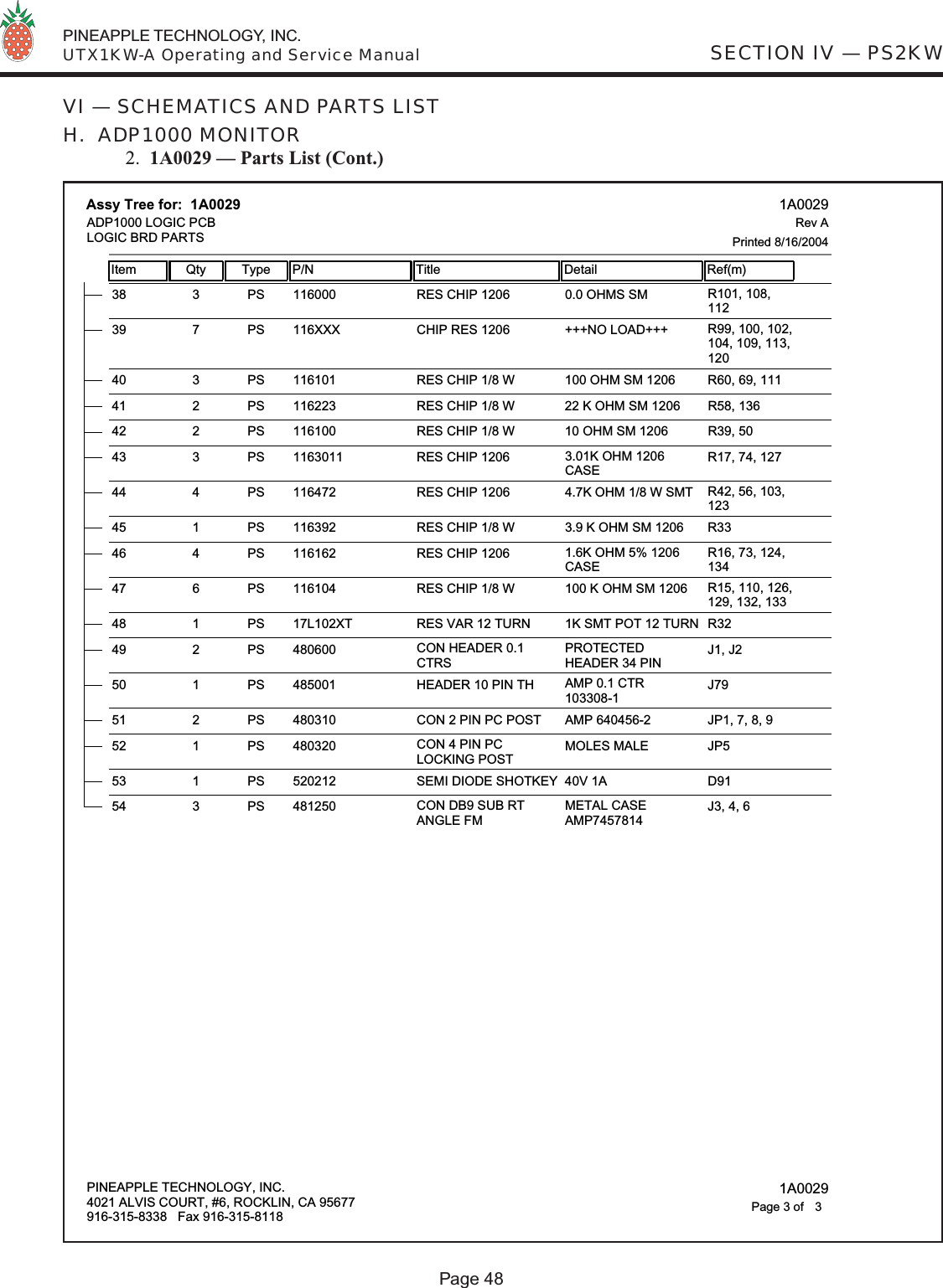  PINEAPPLE TECHNOLOGY, INC.  UTX1KW-A Operating and Service ManualPage 48SECTION IV — PS2KWVI — SCHEMATICS AND PARTS LISTH.  ADP1000 MONITOR 2.  1A0029 — Parts List (Cont.)11600038 3 PS RES CHIP 1206 0.0 OHMS SM R101, 108,112116XXX39 7 PS CHIP RES 1206 +++NO LOAD+++ R99, 100, 102,104, 109, 113,12011610140 3 PS RES CHIP 1/8 W 100 OHM SM 1206 R60, 69, 11111622341 2 PS RES CHIP 1/8 W 22 K OHM SM 1206 R58, 13611610042 2 PS RES CHIP 1/8 W 10 OHM SM 1206 R39, 50116301143 3 PS RES CHIP 1206 3.01K OHM 1206CASER17, 74, 12711647244 4 PS RES CHIP 1206 4.7K OHM 1/8 W SMT R42, 56, 103,12311639245 1 PS RES CHIP 1/8 W 3.9 K OHM SM 1206 R3311616246 4 PS RES CHIP 1206 1.6K OHM 5% 1206CASER16, 73, 124,13411610447 6 PS RES CHIP 1/8 W 100 K OHM SM 1206 R15, 110, 126,129, 132, 13317L102XT48 1 PS RES VAR 12 TURN 1K SMT POT 12 TURN R3248060049 2 PS CON HEADER 0.1CTRSPROTECTEDHEADER 34 PINJ1, J248500150 1 PS HEADER 10 PIN TH AMP 0.1 CTR103308-1J7948031051 2 PS CON 2 PIN PC POST AMP 640456-2 JP1, 7, 8, 948032052 1 PS CON 4 PIN PCLOCKING POSTMOLES MALE JP552021253 1 PS SEMI DIODE SHOTKEY 40V 1A D9148125054 3 PS CON DB9 SUB RTANGLE FMMETAL CASEAMP7457814J3, 4, 6Assy Tree for:  1A0029Item Qty Type P/N Title Detail Ref(m) 1A0029Printed 8/16/2004Rev AADP1000 LOGIC PCBLOGIC BRD PARTSPINEAPPLE TECHNOLOGY, INC.4021 ALVIS COURT, #6, ROCKLIN, CA 95677916-315-8338   Fax 916-315-8118 1A00293Page 3 of