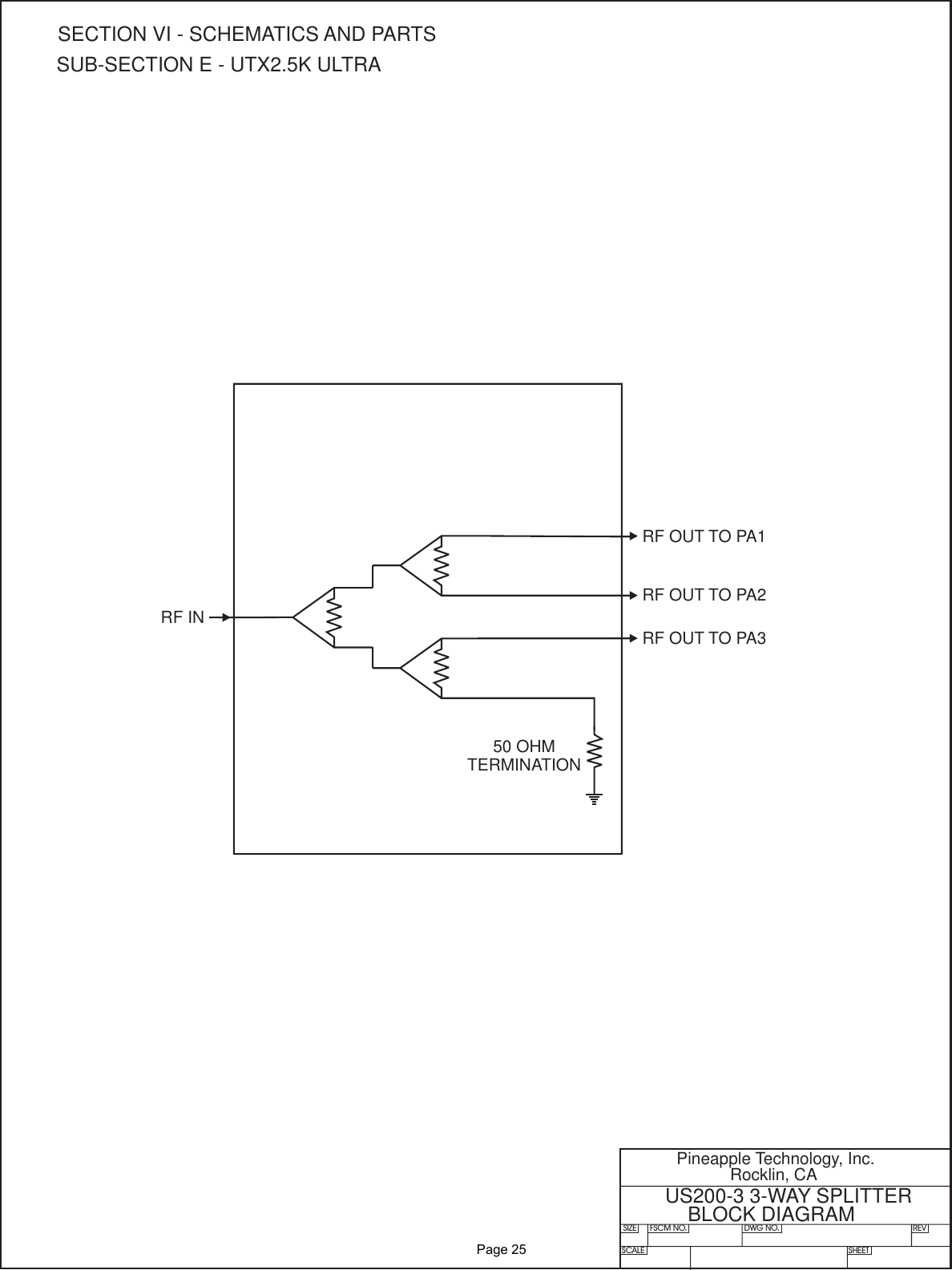 RF OUT TO PA1RF OUT TO PA2RF INRF OUT TO PA3SIZE FSCM NO.SCALE SHEETDWG NO. REVPineapple Technology, Inc.Rocklin, CAUS200-3 3-WAY SPLITTERBLOCK DIAGRAMSECTION VI - SCHEMATICS AND PARTSSUB-SECTION E - UTX2.5K ULTRA50 OHMTERMINATION              Page 25