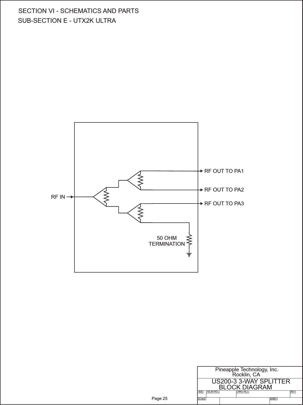 RF OUT TO PA1RF OUT TO PA2RF INRF OUT TO PA3SIZE FSCM NO.SCALE SHEETDWG NO. REVPineapple Technology, Inc.Rocklin, CAUS200-3 3-WAY SPLITTERBLOCK DIAGRAMSECTION VI - SCHEMATICS AND PARTSSUB-SECTION E - UTX2K ULTRA50 OHMTERMINATION              Page 25