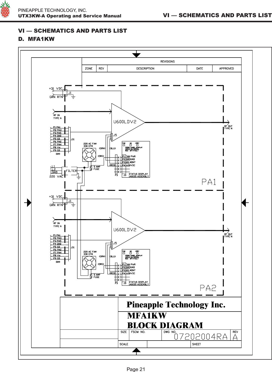   PINEAPPLE TECHNOLOGY, INC.  UTX3KW-A Operating and Service ManualPage 21VI — SCHEMATICS AND PARTS LISTVI — SCHEMATICS AND PARTS LISTD.  MFA1KW