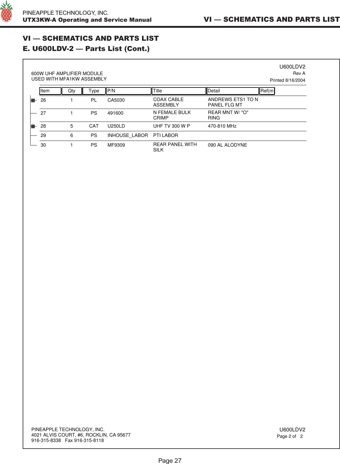   PINEAPPLE TECHNOLOGY, INC.  UTX3KW-A Operating and Service Manual VI — SCHEMATICS AND PARTS LISTPage 27VI — SCHEMATICS AND PARTS LISTE. U600LDV-2 — Parts List (Cont.)CA503026 1 PL COAX CABLEASSEMBLY ANDREWS ETS1 TO NPANEL FLG MT49160027 1 PS N FEMALE BULKCRIMP REAR MNT W/ &quot;O&quot;RINGU250LD28 5 CAT UHF TV 300 W P 470-810 MHzINHOUSE_LABOR29 6 PS PTI LABOR MF930930 1 PS REAR PANEL WITHSILK 090 AL ALODYNEItem Qty Type P/N Title Detail Ref(m U600LDV2Printed 8/16/2004Rev A600W UHF AMPLIFIER MODULEUSED WITH MFA1KW ASSEMBLYPINEAPPLE TECHNOLOGY, INC.4021 ALVIS COURT, #6, ROCKLIN, CA 95677916-315-8338   Fax 916-315-8118 U600LDV22Page 2 of