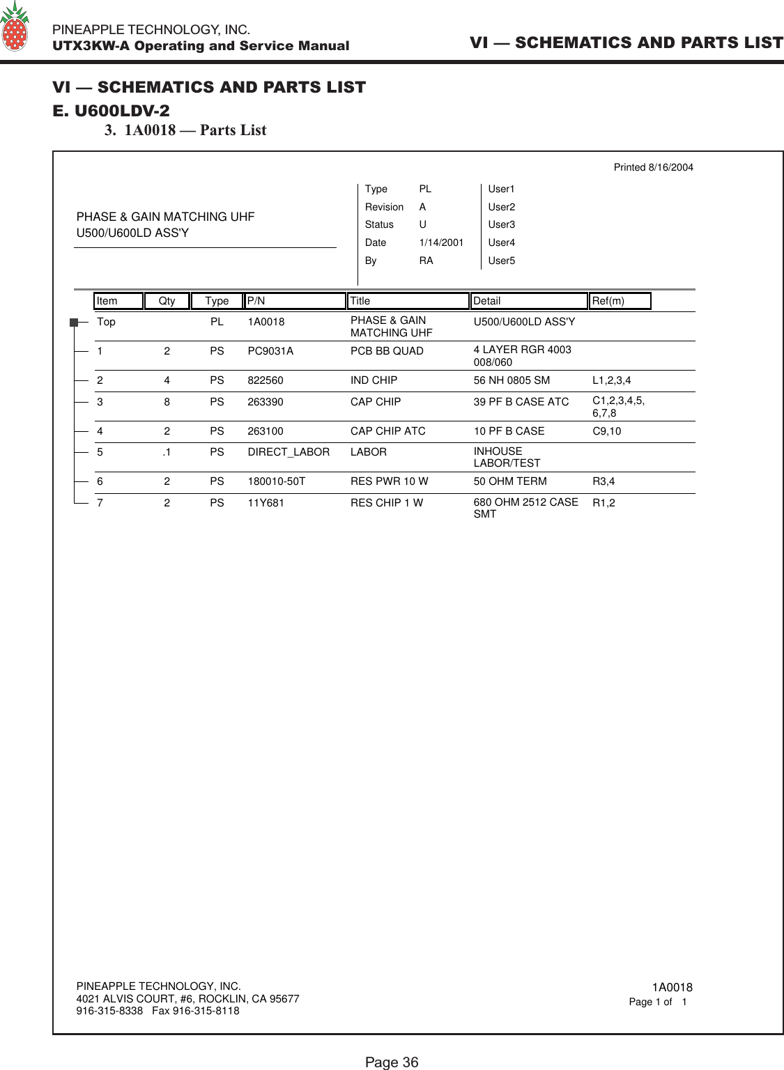   PINEAPPLE TECHNOLOGY, INC.  UTX3KW-A Operating and Service ManualPage 36VI — SCHEMATICS AND PARTS LISTVI — SCHEMATICS AND PARTS LISTE. U600LDV-2 3.  1A0018 — Parts ListItem Qty Type P/N Title Detail Ref(m)Printed 8/16/2004PHASE &amp; GAIN MATCHING UHFU500/U600LD ASS&apos;YTypeStatusRevisionPLUAUser1User2User3User4User5DateBy1/14/2001RA1A0018Top PL PHASE &amp; GAINMATCHING UHF U500/U600LD ASS&apos;YPC9031A1 2 PS PCB BB QUAD 4 LAYER RGR 4003008/0608225602 4 PS IND CHIP 56 NH 0805 SM L1,2,3,42633903 8 PS CAP CHIP 39 PF B CASE ATC C1,2,3,4,5,6,7,82631004 2 PS CAP CHIP ATC 10 PF B CASE C9,10DIRECT_LABOR5.1PS LABOR INHOUSELABOR/TEST180010-50T6 2 PS RES PWR 10 W 50 OHM TERM R3,411Y6817 2 PS RES CHIP 1 W 680 OHM 2512 CASESMT R1,2PINEAPPLE TECHNOLOGY, INC.4021 ALVIS COURT, #6, ROCKLIN, CA 95677916-315-8338   Fax 916-315-8118 1A00181Page 1 of