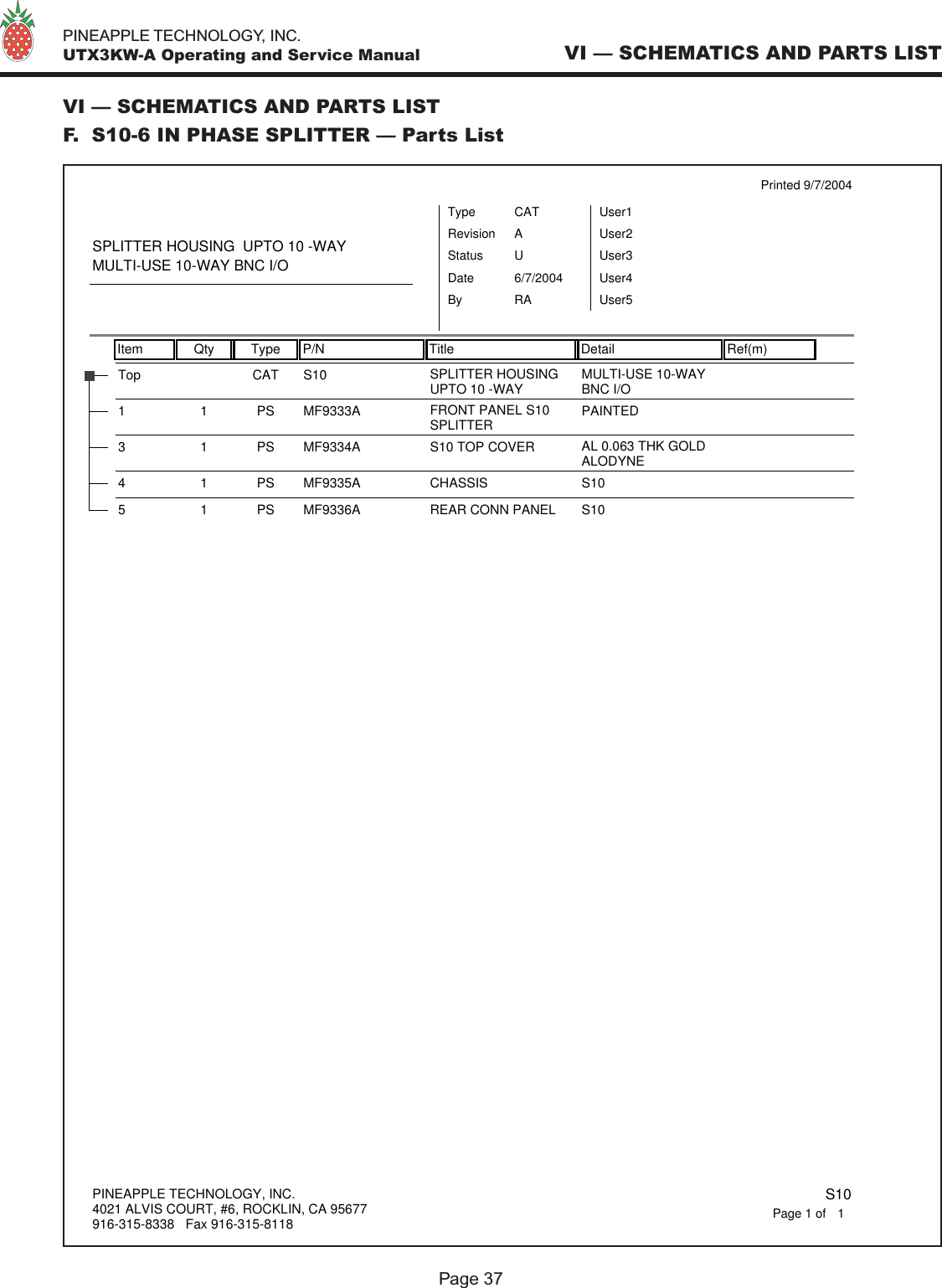   PINEAPPLE TECHNOLOGY, INC.  UTX3KW-A Operating and Service ManualPage 37VI — SCHEMATICS AND PARTS LISTVI — SCHEMATICS AND PARTS LISTF.  S10-6 IN PHASE SPLITTER — Parts ListItem Qty Type P/N Title Detail Ref(m)Printed 9/7/2004SPLITTER HOUSING  UPTO 10 -WAYMULTI-USE 10-WAY BNC I/OTypeStatusRevisionCATUAUser1User2User3User4User5DateBy6/7/2004RAS10Top CAT SPLITTER HOUSING UPTO 10 -WAY MULTI-USE 10-WAYBNC I/OMF9333A11PS FRONT PANEL S10SPLITTER PAINTEDMF9334A3 1 PS S10 TOP COVER AL 0.063 THK GOLDALODYNEMF9335A4 1 PS CHASSIS S10MF9336A5 1 PS REAR CONN PANEL S10PINEAPPLE TECHNOLOGY, INC.4021 ALVIS COURT, #6, ROCKLIN, CA 95677916-315-8338   Fax 916-315-8118 S101Page 1 of