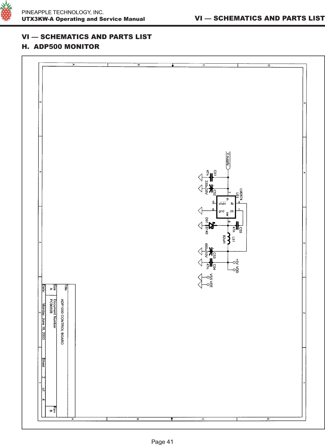   PINEAPPLE TECHNOLOGY, INC.  UTX3KW-A Operating and Service ManualVI — SCHEMATICS AND PARTS LISTH.  ADP500 MONITORPage 41VI — SCHEMATICS AND PARTS LIST