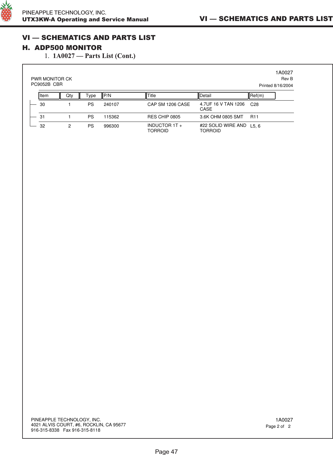   PINEAPPLE TECHNOLOGY, INC.  UTX3KW-A Operating and Service ManualPage 47VI — SCHEMATICS AND PARTS LISTVI — SCHEMATICS AND PARTS LISTH.  ADP500 MONITOR  1.  1A0027 — Parts List (Cont.)24010730 1 PS CAP SM 1206 CASE 4.7UF 16 V TAN 1206CASE C2811536231 1 PS RES CHIP 0805 3.6K OHM 0805 SMT R1199630032 2 PS INDUCTOR 1T +TORROID #22 SOLID WIRE ANDTORROID L5, 6Item Qty Type P/N Title Detail Ref(m) 1A0027Printed 8/16/2004Rev BPWR MONITOR CKPC9052B  CBRPINEAPPLE TECHNOLOGY, INC.4021 ALVIS COURT, #6, ROCKLIN, CA 95677916-315-8338   Fax 916-315-8118 1A00272Page 2 of