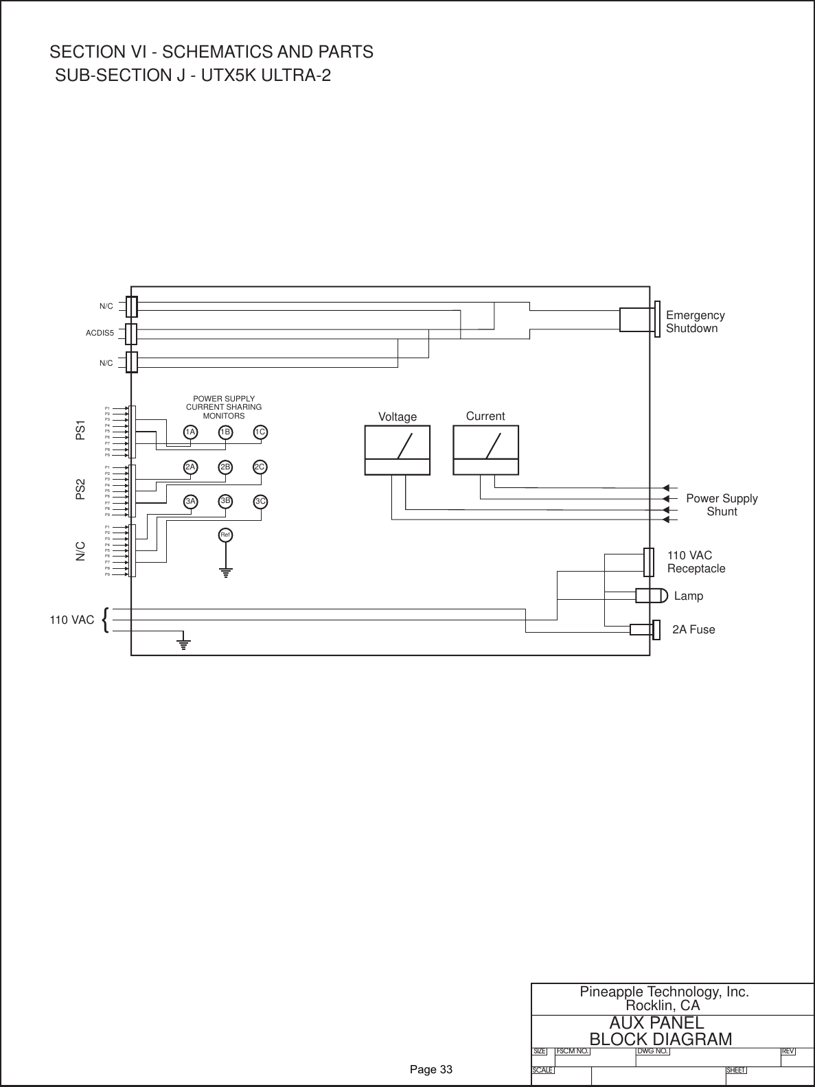 SIZE FSCM NO.SCALE SHEETDWG NO. REVPineapple Technology, Inc.Rocklin, CAAUX PANELBLOCK DIAGRAMP1P2P3P4P5P6P7P8P9P1P2P3P4P5P6P7P8P9P1P2P3P4P5P6P7P8P9PS1N/C PS21A 1B 1C2B 2C2A3A 3B 3CRefPOWER SUPPLYCURRENT SHARINGMONITORSEmergencyShutdownN/CACDIS5N/CPower SupplyShuntVoltage Current110 VAC {110 VACReceptacleLamp2A FuseSECTION VI - SCHEMATICS AND PARTSSUB-SECTION J - UTX5K ULTRA-2               Page 33