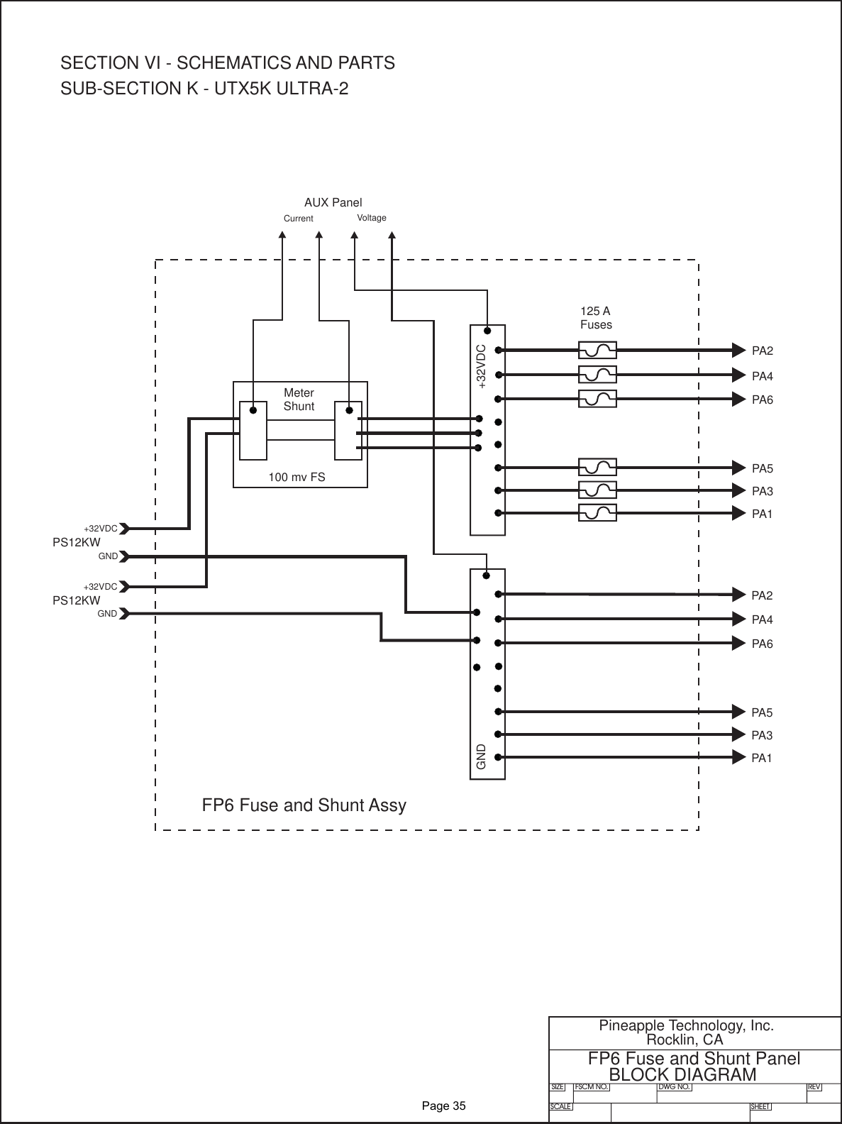 SIZE FSCM NO.SCALE SHEETDWG NO. REVPineapple Technology, Inc.Rocklin, CAFP6 Fuse and Shunt PanelBLOCK DIAGRAM100 mv FSMeterShuntPA2PA2PA4PA4PA6PA6PA5PA5PA3PA3PA1PA1+32VDCGNDPS12KWPS12KW+32VDCGNDGND+32VDCFP6 Fuse and Shunt AssyCurrent VoltageAUX Panel125 AFusesSECTION VI - SCHEMATICS AND PARTSSUB-SECTION K - UTX5K ULTRA-2              Page 35