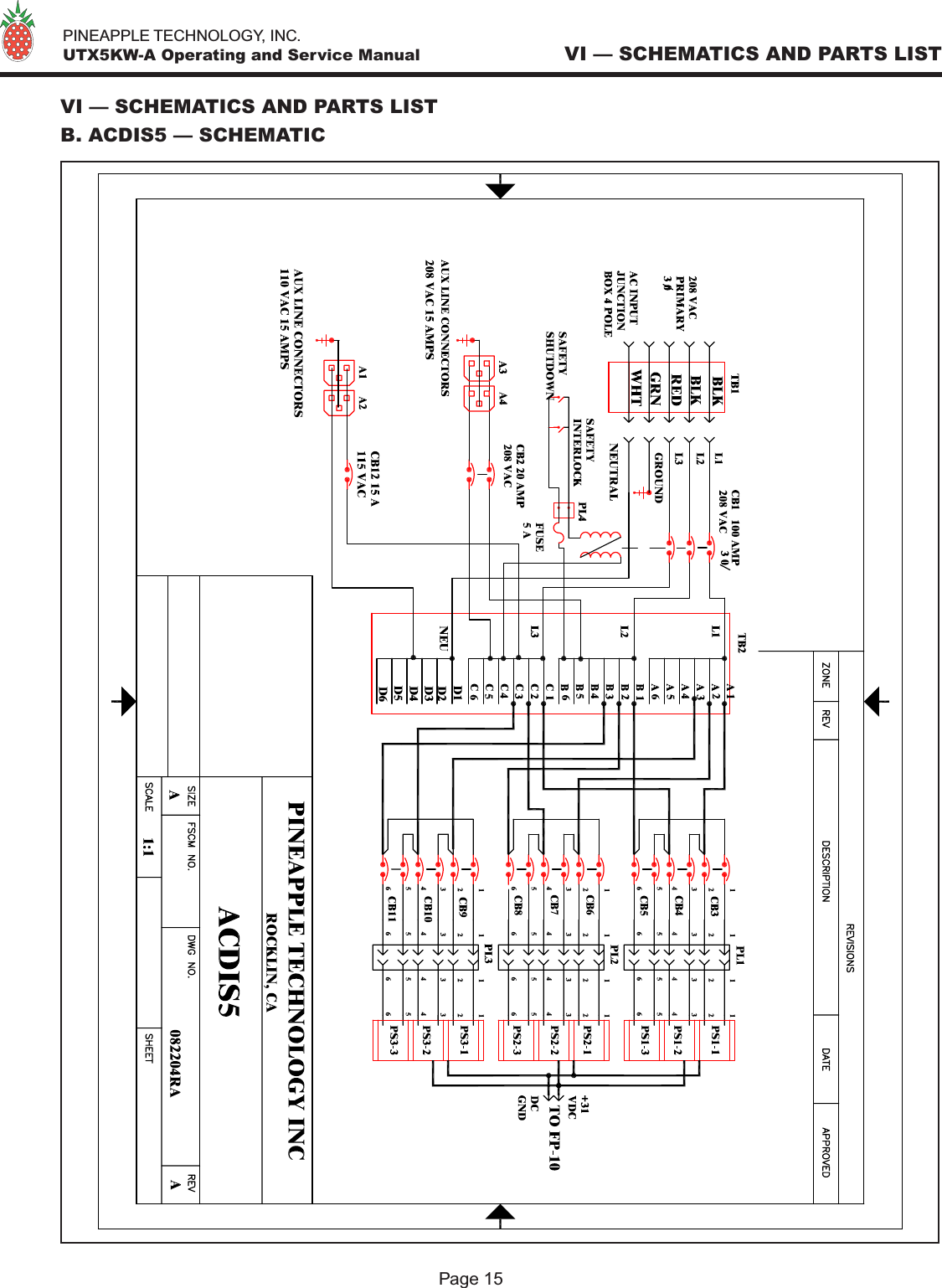   PINEAPPLE TECHNOLOGY, INC.  UTX5KW-A Operating and Service ManualPage 15VI — SCHEMATICS AND PARTS LISTVI — SCHEMATICS AND PARTS LISTB. ACDIS5 — SCHEMATIC