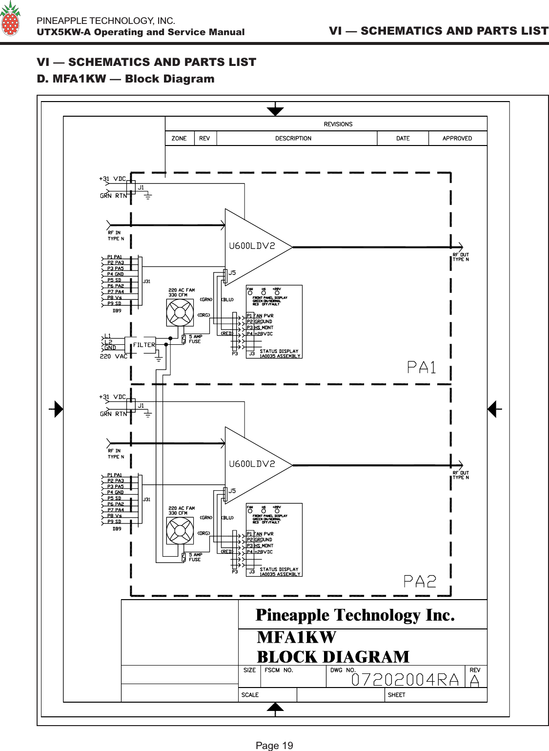   PINEAPPLE TECHNOLOGY, INC.  UTX5KW-A Operating and Service ManualPage 19VI — SCHEMATICS AND PARTS LISTVI — SCHEMATICS AND PARTS LISTD. MFA1KW — Block Diagram