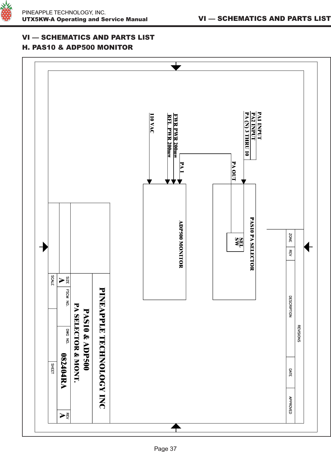   PINEAPPLE TECHNOLOGY, INC.  UTX5KW-A Operating and Service ManualVI — SCHEMATICS AND PARTS LISTH. PAS10 &amp; ADP500 MONITOR Page 37VI — SCHEMATICS AND PARTS LIST