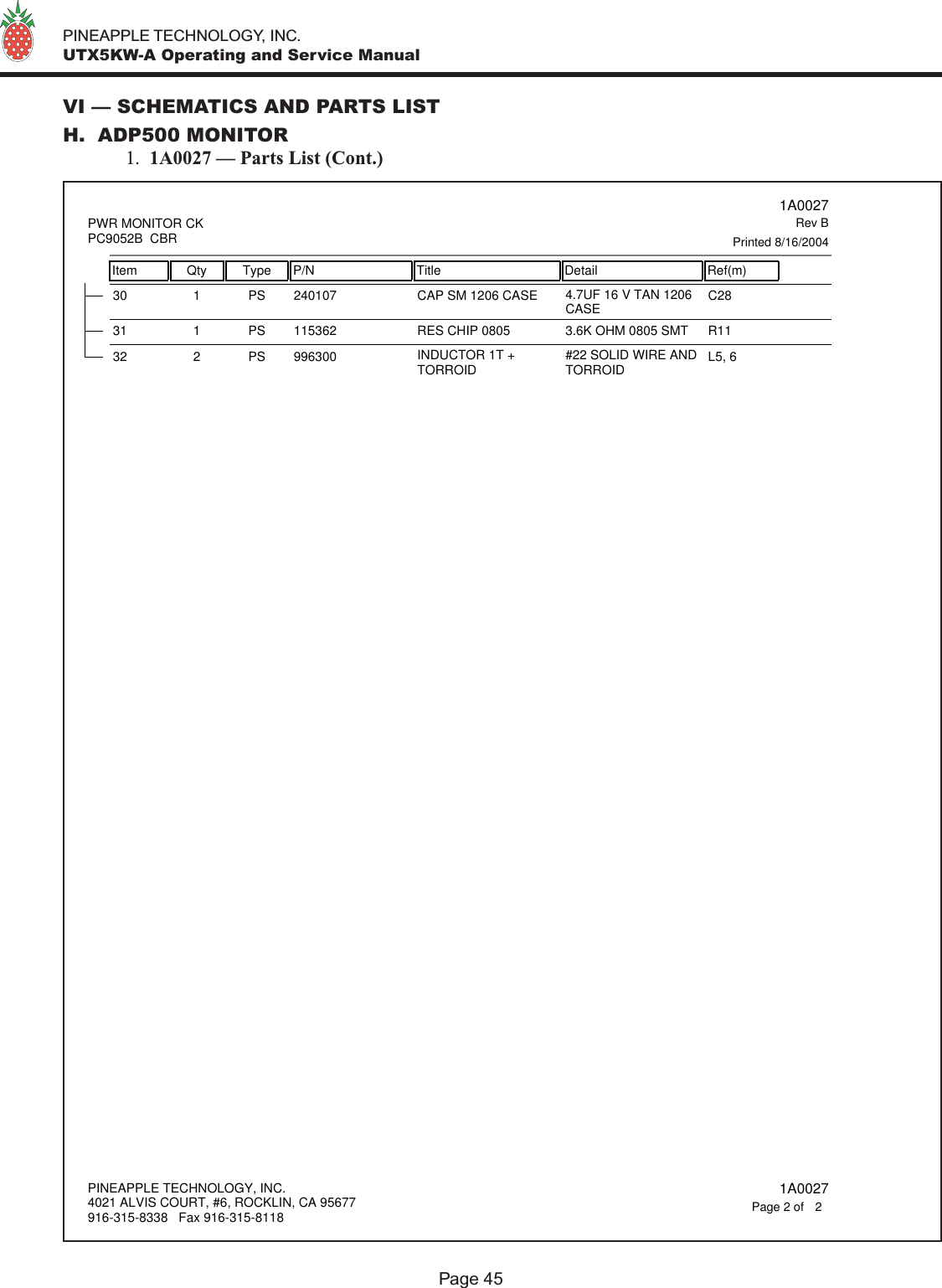   PINEAPPLE TECHNOLOGY, INC.  UTX5KW-A Operating and Service ManualPage 45VI — SCHEMATICS AND PARTS LISTH.  ADP500 MONITOR  1.  1A0027 — Parts List (Cont.)24010730 1 PS CAP SM 1206 CASE 4.7UF 16 V TAN 1206CASE C2811536231 1 PS RES CHIP 0805 3.6K OHM 0805 SMT R1199630032 2 PS INDUCTOR 1T +TORROID #22 SOLID WIRE ANDTORROID L5, 6Item Qty Type P/N Title Detail Ref(m) 1A0027Printed 8/16/2004Rev BPWR MONITOR CKPC9052B  CBRPINEAPPLE TECHNOLOGY, INC.4021 ALVIS COURT, #6, ROCKLIN, CA 95677916-315-8338   Fax 916-315-8118 1A00272Page 2 of