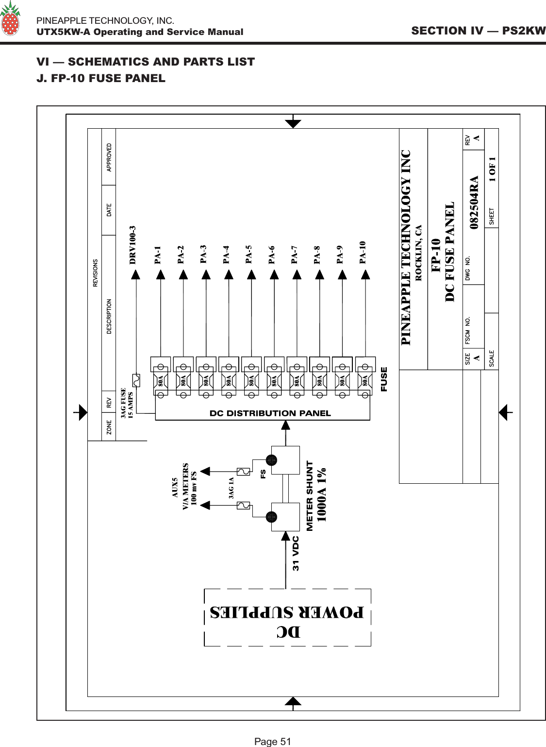   PINEAPPLE TECHNOLOGY, INC.  UTX5KW-A Operating and Service ManualPage 51SECTION IV — PS2KWVI — SCHEMATICS AND PARTS LISTJ. FP-10 FUSE PANEL