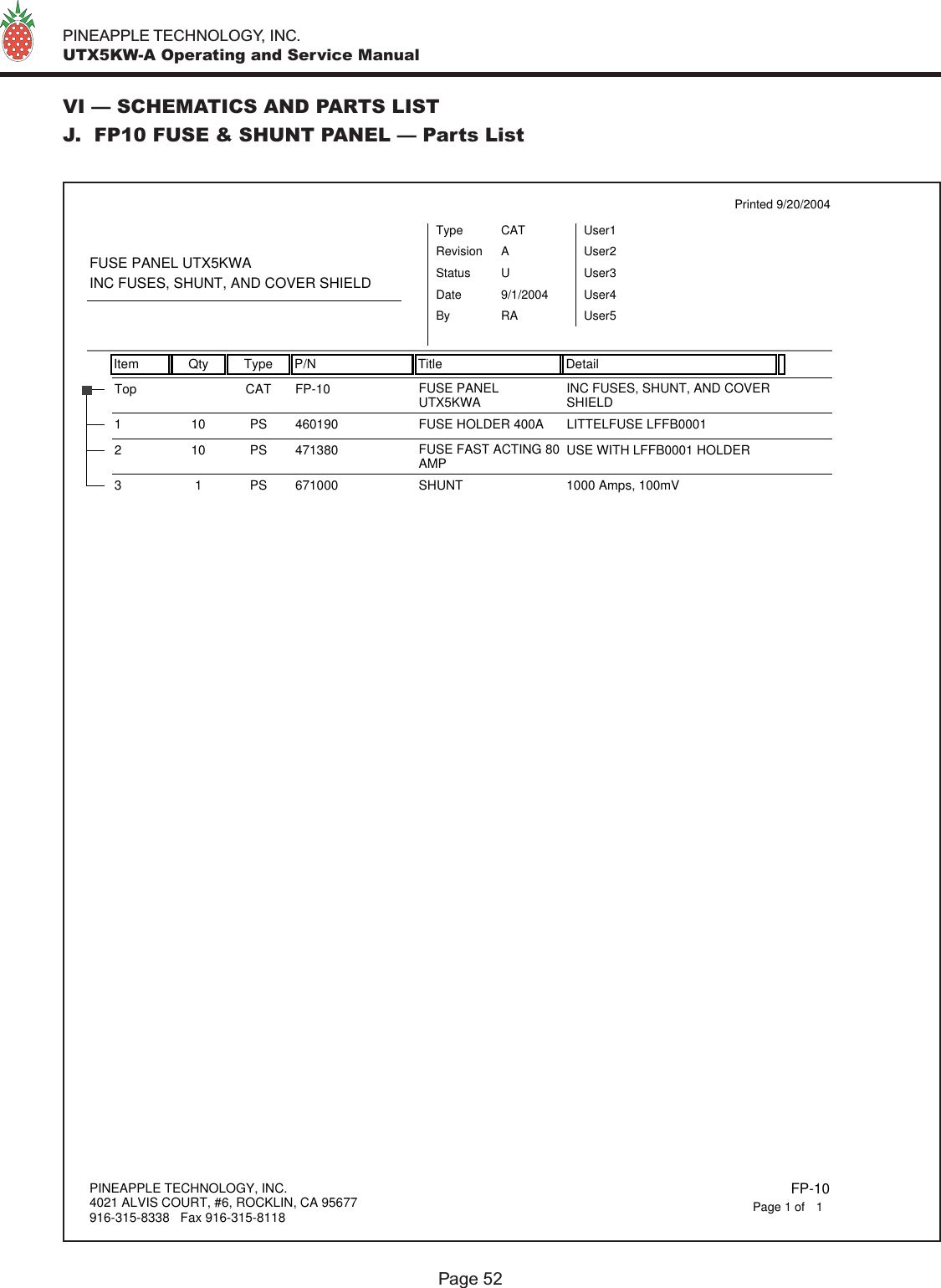   PINEAPPLE TECHNOLOGY, INC.  UTX5KW-A Operating and Service ManualVI — SCHEMATICS AND PARTS LISTJ.  FP10 FUSE &amp; SHUNT PANEL — Parts ListPage 52Item Qty Type P/N Title DetailPrinted 9/20/2004FUSE PANEL UTX5KWAINC FUSES, SHUNT, AND COVER SHIELD TypeStatusRevisionCATUAUser1User2User3User4User5DateBy9/1/2004RAFP-10Top CAT FUSE PANELUTX5KWA INC FUSES, SHUNT, AND COVERSHIELD 4601901 10 PS FUSE HOLDER 400A LITTELFUSE LFFB0001471380210PS FUSE FAST ACTING 80AMP USE WITH LFFB0001 HOLDER6710003 1 PS SHUNT 1000 Amps, 100mVPINEAPPLE TECHNOLOGY, INC.4021 ALVIS COURT, #6, ROCKLIN, CA 95677916-315-8338   Fax 916-315-8118 FP-101Page 1 of