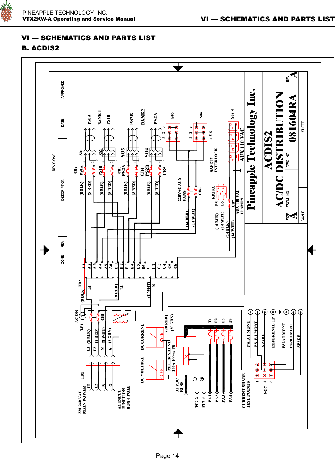   PINEAPPLE TECHNOLOGY, INC.  VTX2KW-A Operating and Service ManualPage 14VI — SCHEMATICS AND PARTS LISTVI — SCHEMATICS AND PARTS LISTB. ACDIS2