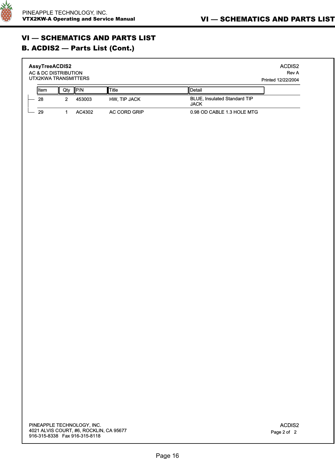   PINEAPPLE TECHNOLOGY, INC.  VTX2KW-A Operating and Service ManualPage 16VI — SCHEMATICS AND PARTS LISTVI — SCHEMATICS AND PARTS LISTB. ACDIS2 — Parts List (Cont.)HW, TIP JACK28 2 453003 BLUE, Insulated Standard TIPJACKAC CORD GRIP29 1 AC4302 0.98 OD CABLE 1.3 HOLE MTGAssyTreeACDIS2Item Qty P/N Title Detail ACDIS2Printed 12/22/2004Rev AAC &amp; DC DISTRIBUTIONUTX2KWA TRANSMITTERSPINEAPPLE TECHNOLOGY, INC.4021 ALVIS COURT, #6, ROCKLIN, CA 95677916-315-8338   Fax 916-315-8118 ACDIS22Page 2 of