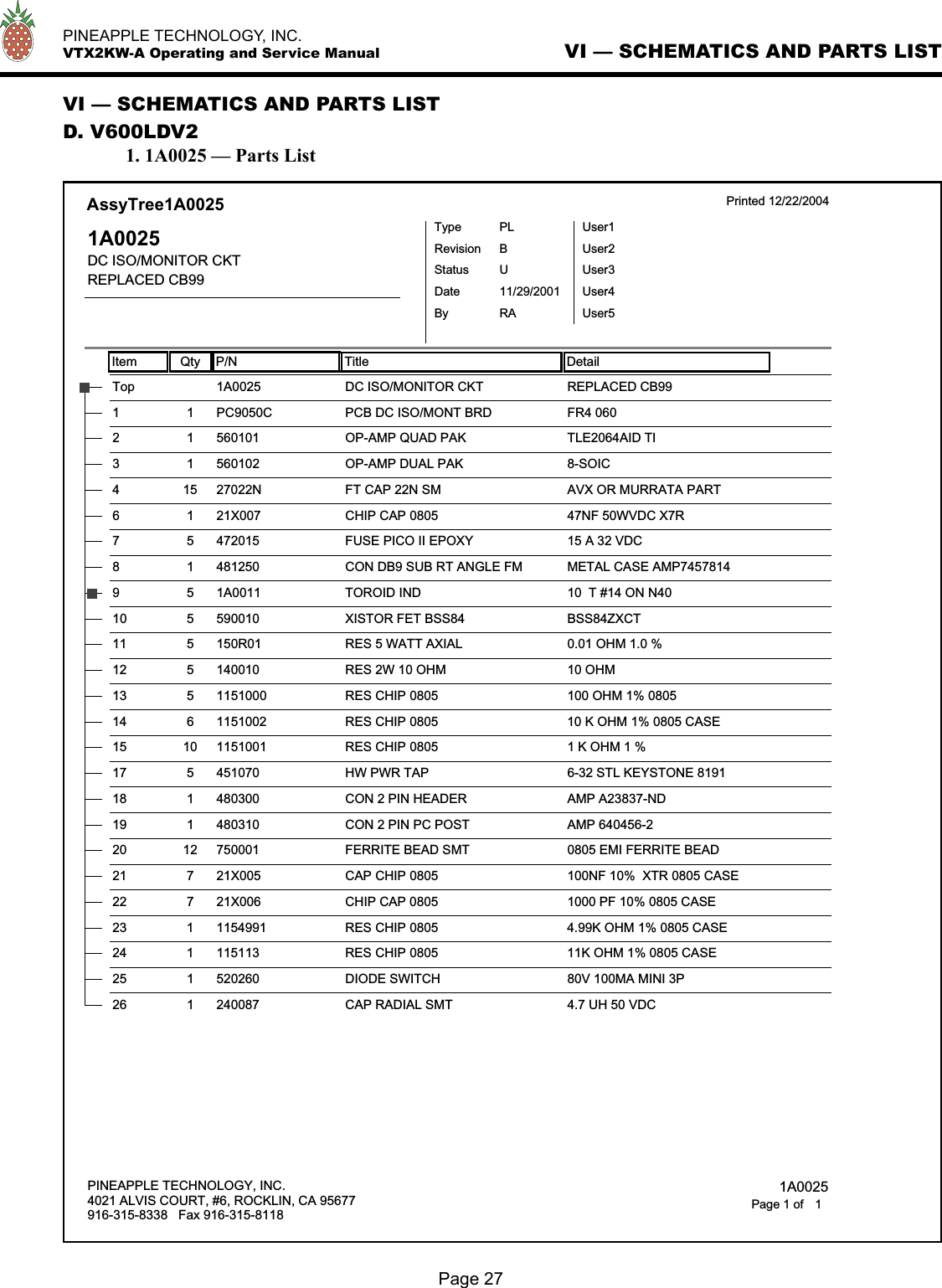   PINEAPPLE TECHNOLOGY, INC.  VTX2KW-A Operating and Service Manual VI — SCHEMATICS AND PARTS LISTPage 27VI — SCHEMATICS AND PARTS LISTD. V600LDV2  1. 1A0025 — Parts ListItem Qty P/N Title DetailAssyTree1A0025 Printed 12/22/20041A0025DC ISO/MONITOR CKTREPLACED CB99TypeStatusRevisionPLUBUser1User2User3User4User5DateBy11/29/2001RADC ISO/MONITOR CKTTop 1A0025 REPLACED CB99PCB DC ISO/MONT BRD1 1 PC9050C FR4 060OP-AMP QUAD PAK2 1 560101 TLE2064AID TIOP-AMP DUAL PAK3 1 560102 8-SOICFT CAP 22N SM4 15 27022N AVX OR MURRATA PARTCHIP CAP 08056 1 21X007 47NF 50WVDC X7R FUSE PICO II EPOXY7 5 472015 15 A 32 VDCCON DB9 SUB RT ANGLE FM8 1 481250 METAL CASE AMP7457814TOROID IND9 5 1A0011 10  T #14 ON N40XISTOR FET BSS8410 5 590010 BSS84ZXCT RES 5 WATT AXIAL11 5 150R01 0.01 OHM 1.0 %RES 2W 10 OHM12 5 140010 10 OHMRES CHIP 080513 5 1151000 100 OHM 1% 0805RES CHIP 080514 6 1151002 10 K OHM 1% 0805 CASERES CHIP 080515 10 1151001 1 K OHM 1 %HW PWR TAP17 5 451070 6-32 STL KEYSTONE 8191CON 2 PIN HEADER18 1 480300 AMP A23837-NDCON 2 PIN PC POST19 1 480310 AMP 640456-2FERRITE BEAD SMT20 12 750001 0805 EMI FERRITE BEADCAP CHIP 080521 7 21X005 100NF 10%  XTR 0805 CASECHIP CAP 080522 7 21X006 1000 PF 10% 0805 CASERES CHIP 080523 1 1154991 4.99K OHM 1% 0805 CASERES CHIP 080524 1 115113 11K OHM 1% 0805 CASEDIODE SWITCH25 1 520260 80V 100MA MINI 3PCAP RADIAL SMT26 1 240087 4.7 UH 50 VDCPINEAPPLE TECHNOLOGY, INC.4021 ALVIS COURT, #6, ROCKLIN, CA 95677916-315-8338   Fax 916-315-8118 1A00251Page 1 of