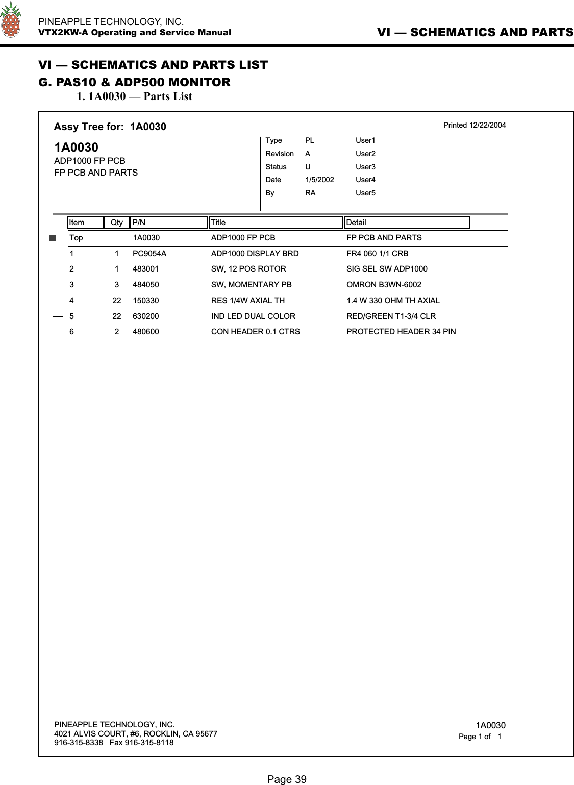   PINEAPPLE TECHNOLOGY, INC.  VTX2KW-A Operating and Service ManualPage 39VI — SCHEMATICS AND PARTS VI — SCHEMATICS AND PARTS LISTG. PAS10 &amp; ADP500 MONITOR  1. 1A0030 — Parts ListItem Qty P/N Title DetailAssy Tree for:  1A0030 Printed 12/22/20041A0030ADP1000 FP PCBFP PCB AND PARTSTypeStatusRevisionPLUAUser1User2User3User4User5DateBy1/5/2002RAADP1000 FP PCBTop 1A0030 FP PCB AND PARTSADP1000 DISPLAY BRD1 1 PC9054A FR4 060 1/1 CRBSW, 12 POS ROTOR2 1 483001 SIG SEL SW ADP1000SW, MOMENTARY PB3 3 484050 OMRON B3WN-6002RES 1/4W AXIAL TH4 22 150330 1.4 W 330 OHM TH AXIALIND LED DUAL COLOR5 22 630200 RED/GREEN T1-3/4 CLRCON HEADER 0.1 CTRS6 2 480600 PROTECTED HEADER 34 PINPINEAPPLE TECHNOLOGY, INC.4021 ALVIS COURT, #6, ROCKLIN, CA 95677916-315-8338   Fax 916-315-8118 1A00301Page 1 of