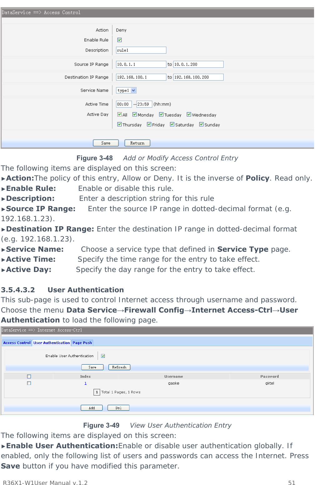           R36X1-W1User Manual v.1.2    51   Figure 3-48  Add or Modify Access Control Entry The following items are displayed on this screen: ►Action:The policy of this entry, Allow or Deny. It is the inverse of Policy. Read only. ►Enable Rule:         Enable or disable this rule. ►Description:          Enter a description string for this rule ►Source IP Range:     Enter the source IP range in dotted-decimal format (e.g. 192.168.1.23). ►Destination IP Range: Enter the destination IP range in dotted-decimal format (e.g. 192.168.1.23). ►Service Name:       Choose a service type that defined in Service Type page. ►Active Time:         Specify the time range for the entry to take effect. ►Active Day:          Specify the day range for the entry to take effect.  3.5.4.3.2 User Authentication This sub-page is used to control Internet access through username and password. Choose the menu Data Service→Firewall Config→Internet Access-Ctrl→User Authentication to load the following page.  Figure 3-49  View User Authentication Entry The following items are displayed on this screen: ►Enable User Authentication:Enable or disable user authentication globally. If enabled, only the following list of users and passwords can access the Internet. Press Save button if you have modified this parameter.  