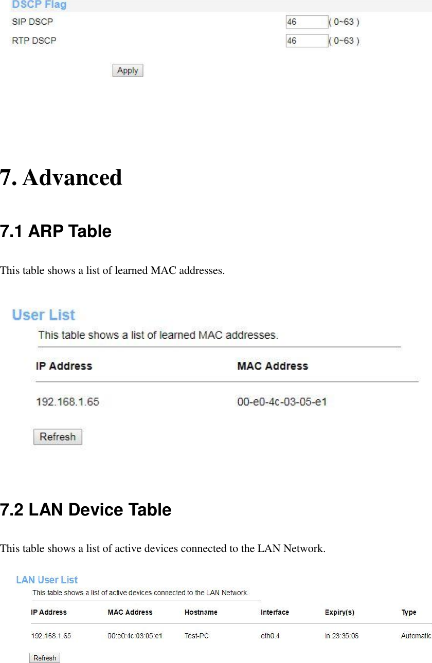    7. Advanced 7.1 ARP Table This table shows a list of learned MAC addresses.   7.2 LAN Device Table This table shows a list of active devices connected to the LAN Network.  