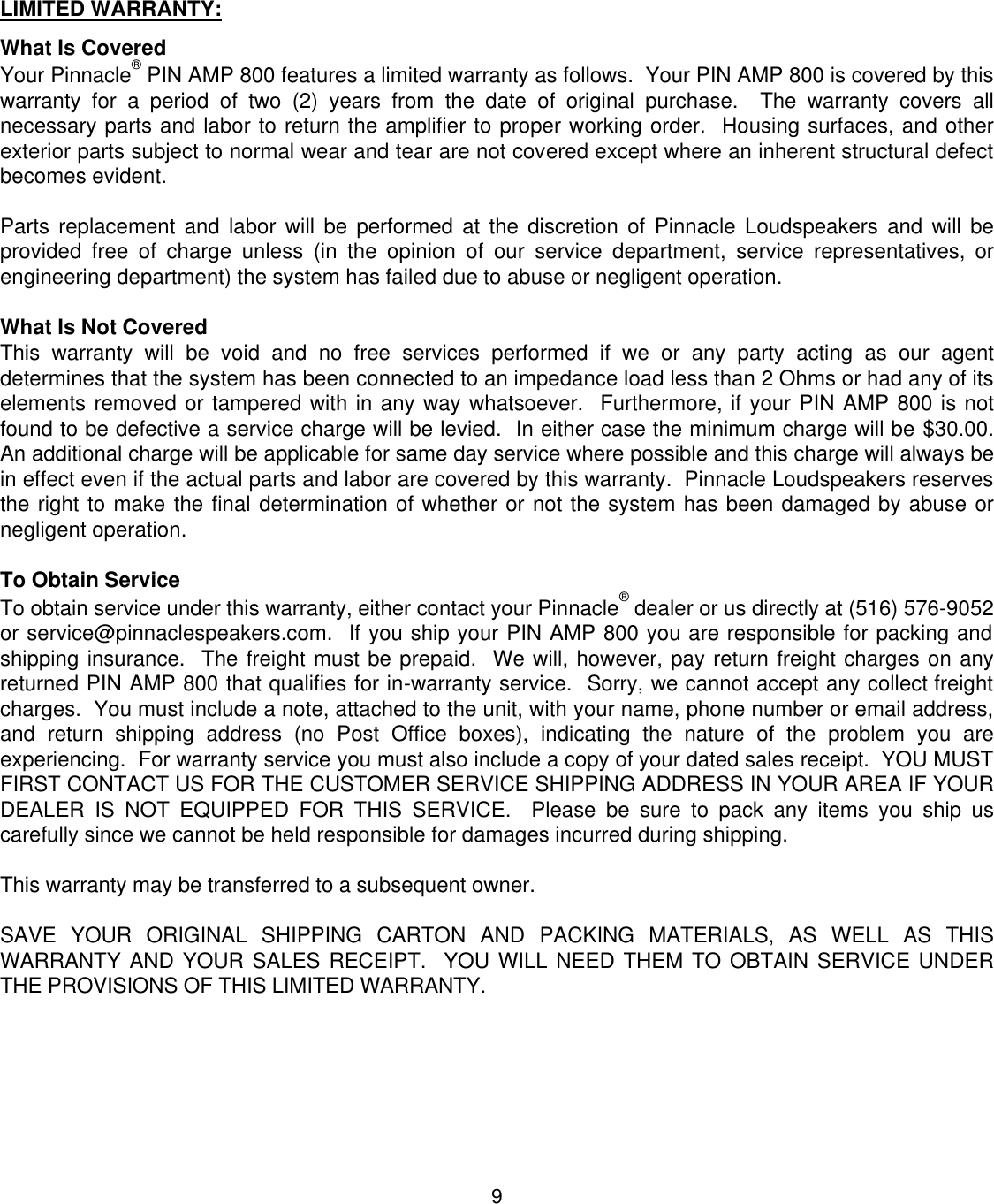 Page 10 of 12 - Pinnacle-Speakers Pinnacle-Speakers-Pin-Amp-800-Users-Manual- PR MAN ARM REV0109  Pinnacle-speakers-pin-amp-800-users-manual