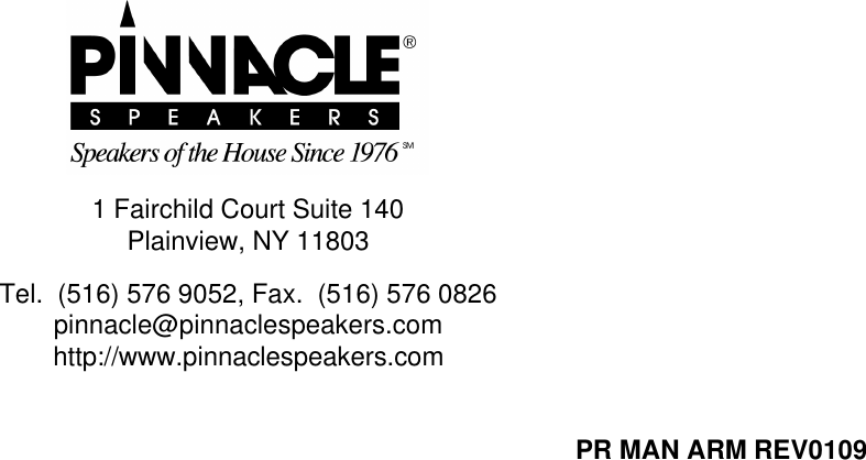 Page 12 of 12 - Pinnacle-Speakers Pinnacle-Speakers-Pin-Amp-800-Users-Manual- PR MAN ARM REV0109  Pinnacle-speakers-pin-amp-800-users-manual