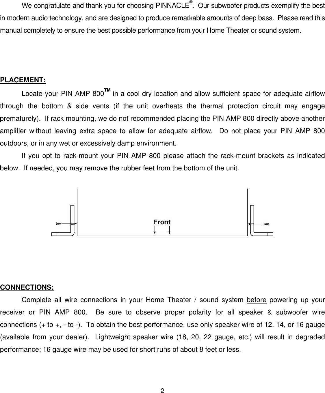 Page 3 of 12 - Pinnacle-Speakers Pinnacle-Speakers-Pin-Amp-800-Users-Manual- PR MAN ARM REV0109  Pinnacle-speakers-pin-amp-800-users-manual