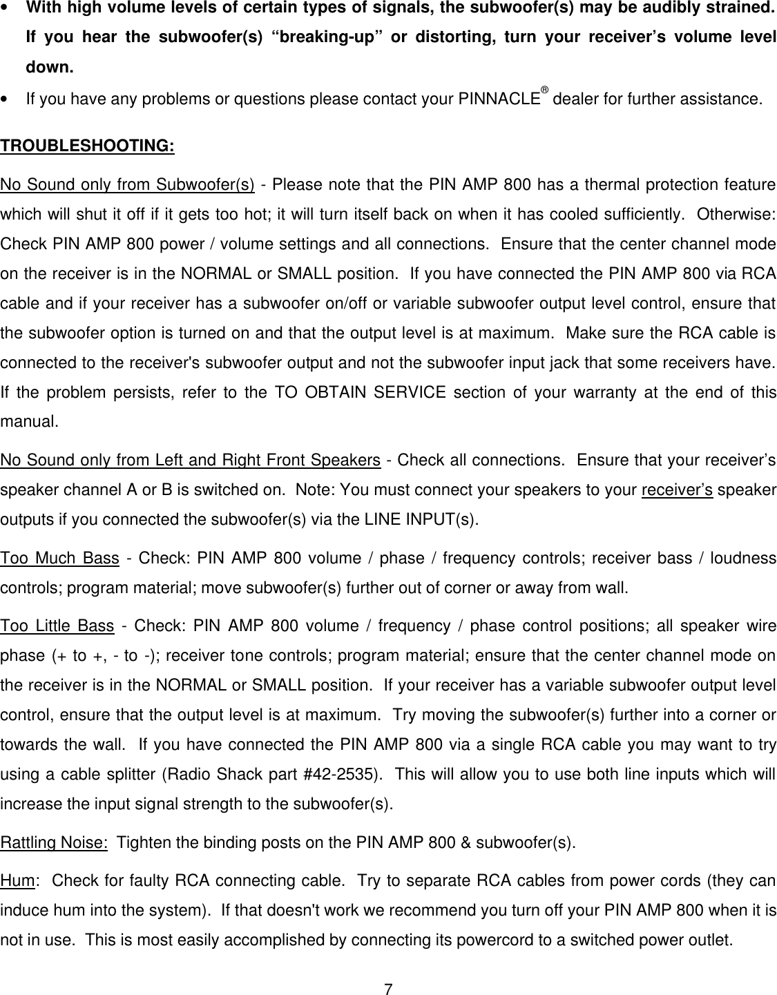 Page 8 of 12 - Pinnacle-Speakers Pinnacle-Speakers-Pin-Amp-800-Users-Manual- PR MAN ARM REV0109  Pinnacle-speakers-pin-amp-800-users-manual