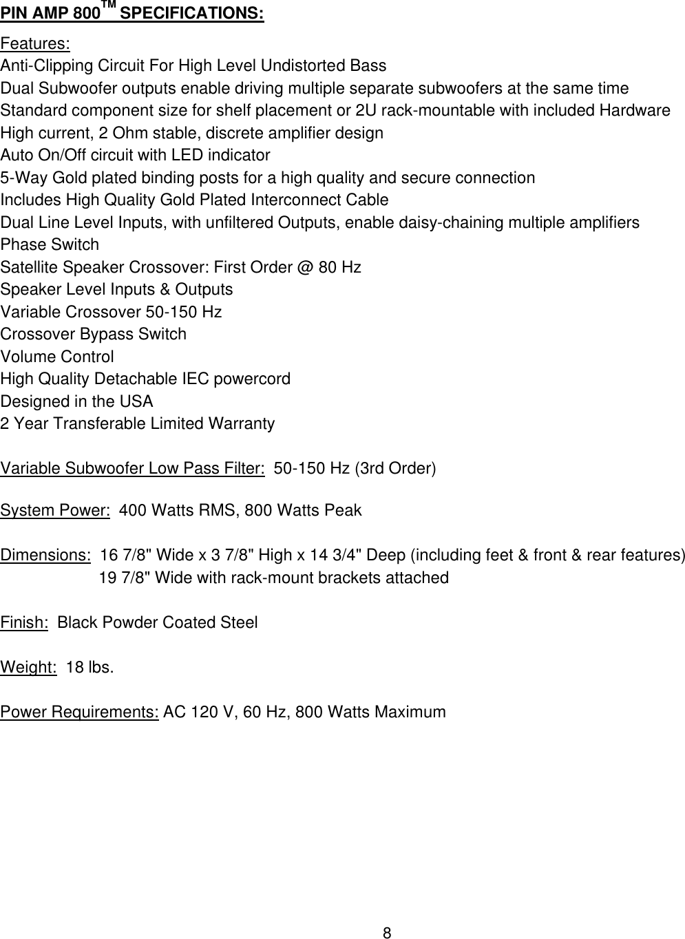 Page 9 of 12 - Pinnacle-Speakers Pinnacle-Speakers-Pin-Amp-800-Users-Manual- PR MAN ARM REV0109  Pinnacle-speakers-pin-amp-800-users-manual