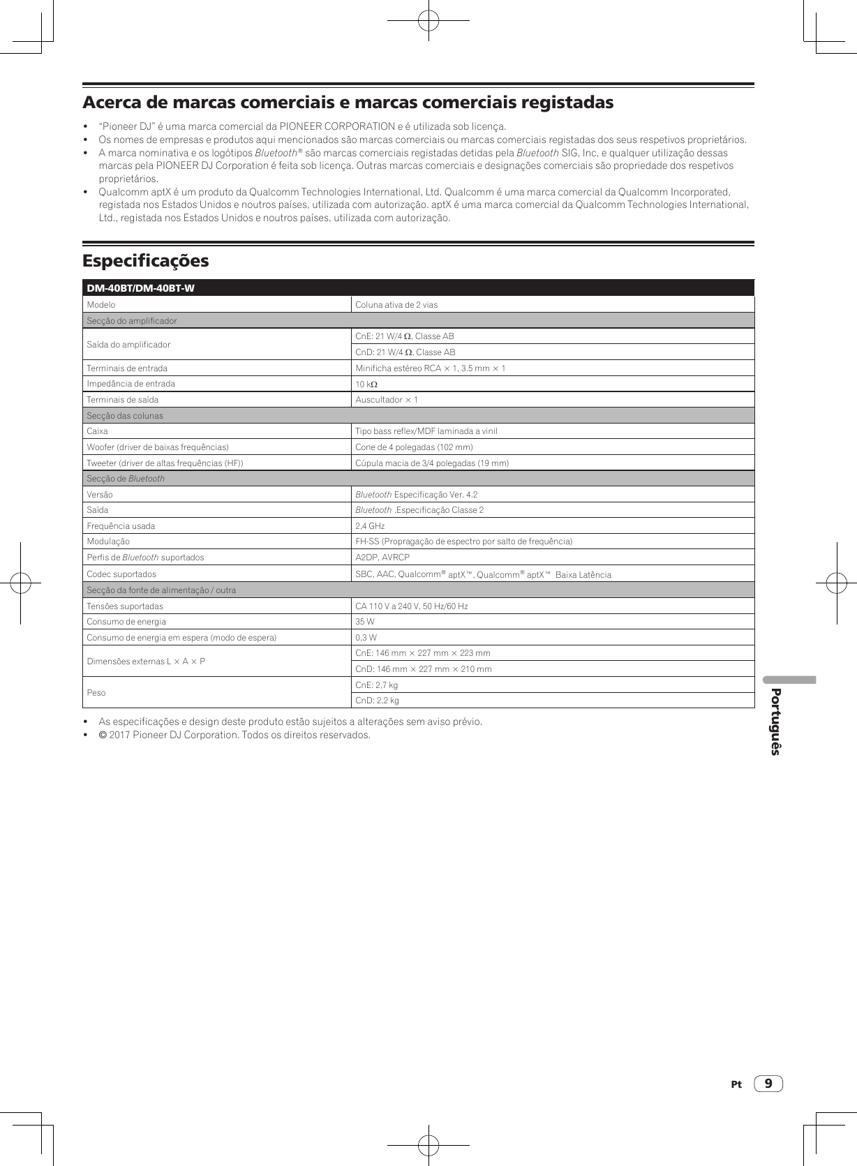 9Acerca de marcas comerciais e marcas comerciais registadas!  “Pioneer DJ” é uma marca comercial da PIONEER CORPORATION e é utilizada sob licença.!  Os nomes de empresas e produtos aqui mencionados são marcas comerciais ou marcas comerciais registadas dos seus respetivos proprietários.!  A marca nominativa e os logótipos Bluetooth® são marcas comerciais registadas detidas pela Bluetooth SIG, Inc, e qualquer utilização dessas marcas pela PIONEER DJ Corporation é feita sob licença. Outras marcas comerciais e designações comerciais são propriedade dos respetivos proprietários.!  Qualcomm aptX é um produto da Qualcomm Technologies International, Ltd. Qualcomm é uma marca comercial da Qualcomm Incorporated, registada nos Estados Unidos e noutros países, utilizada com autorização. aptX é uma marca comercial da Qualcomm Technologies International, Ltd., registada nos Estados Unidos e noutros países, utilizada com autorização.EspecificaçõesDM-40BT/DM-40BT-WModelo Coluna ativa de 2 viasSecção do amplificadorSaída do amplificador CnE: 21 W/4 W, Classe ABCnD: 21 W/4 W, Classe ABTerminais de entrada Minificha estéreo RCA × 1, 3.5 mm × 1Impedância de entrada 10 kWTerminais de saída Auscultador × 1Secção das colunasCaixa Tipo bass reflex/MDF laminada a vinilWoofer (driver de baixas frequências) Cone de 4 polegadas (102 mm)Tweeter (driver de altas frequências (HF)) Cúpula macia de 3/4 polegadas (19 mm)Secção de BluetoothVersão Bluetooth Especificação Ver. 4.2Saída Bluetooth .Especificação Classe 2Frequência usada 2,4 GHzModulação FH-SS (Propragação de espectro por salto de frequência)Perfis de Bluetooth suportados A2DP, AVRCPCodec suportados SBC, AAC, Qualcomm® aptX™, Qualcomm® aptX™  Baixa LatênciaSecção da fonte de alimentação / outraTensões suportadas CA 110 V a 240 V, 50 Hz/60 HzConsumo de energia 35 WConsumo de energia em espera (modo de espera) 0,3 WDimensões externas L × A × P CnE: 146 mm × 227 mm × 223 mmCnD: 146 mm × 227 mm × 210 mmPeso CnE: 2,7 kgCnD: 2,2 kg!  As especificações e design deste produto estão sujeitos a alterações sem aviso prévio.! © 2017 Pioneer DJ Corporation. Todos os direitos reservados.PtPortuguês