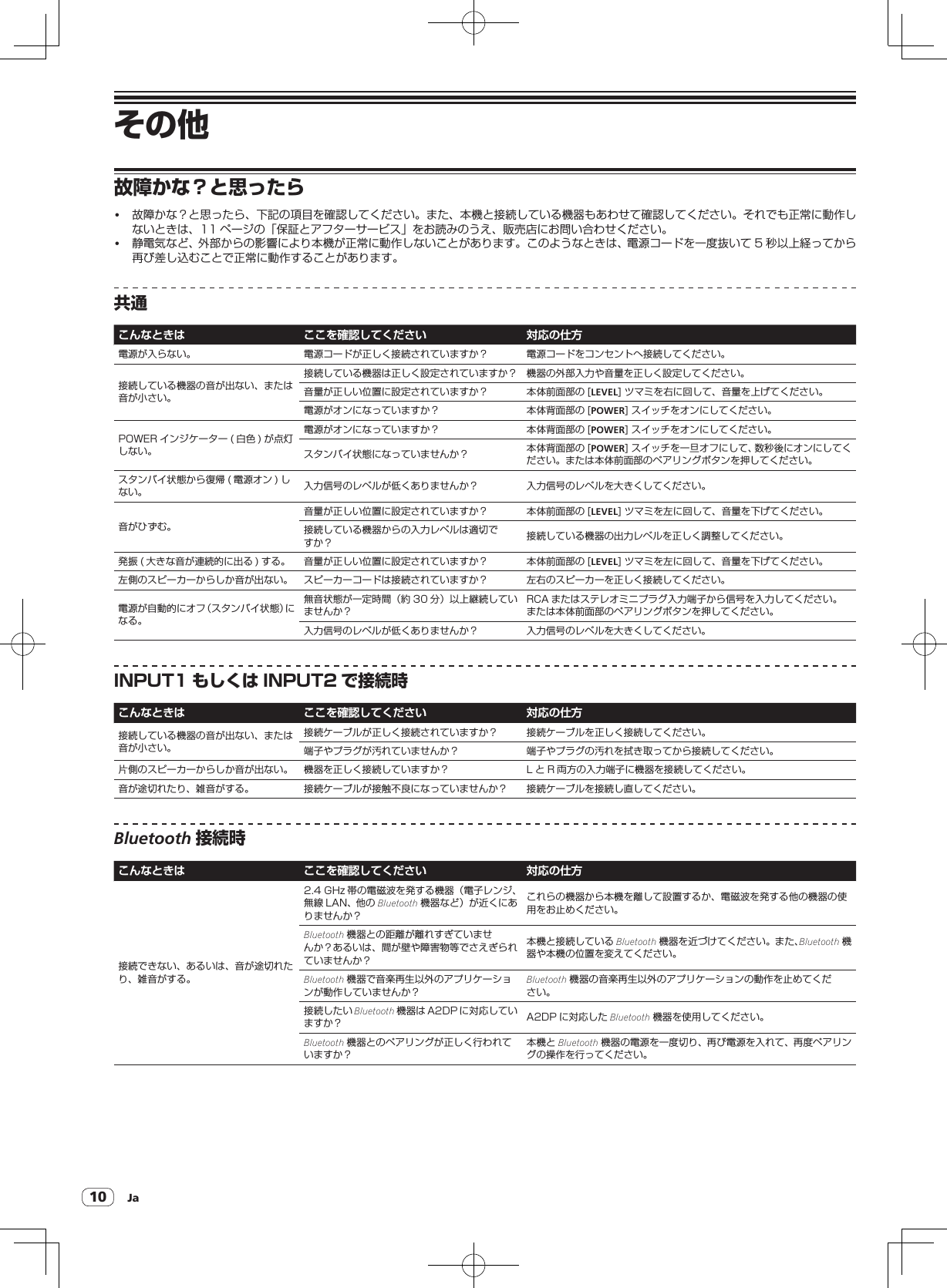 Ja10その他故障かな？と思ったら! 故障かな？と思ったら、下記の項目を確認してください。また、本機と接続している機器もあわせて確認してください。それでも正常に動作しないときは、11ページの「保証とアフターサービス」をお読みのうえ、販売店にお問い合わせください。! 静電気など、外部からの影響により本機が正常に動作しないことがあります。このようなときは、電源コードを一度抜いて 5 秒以上経ってから再び差し込むことで正常に動作することがあります。共通こんなときは ここを確認してください 対応の仕方電源が入らない。 電源コードが正しく接続されていますか？ 電源コードをコンセントへ接続してください。接続している機器の音が出ない、または音が小さい。接続している機器は正しく設定されていますか？ 機器の外部入力や音量を正しく設定してください。音量が正しい位置に設定されていますか？ 本体前面部の [LEVEL]ツマミを右に回して、音量を上げてください。電源がオンになっていますか？ 本体背面部の [POWER]スイッチをオンにしてください。POWER インジケーター ( 白色 ) が点灯しない。電源がオンになっていますか？ 本体背面部の [POWER]スイッチをオンにしてください。スタンバイ状態になっていませんか？ 本体背面部の [POWER]スイッチを一旦オフにして、数秒後にオンにしてください。または本体前面部のペアリングボタンを押してください。スタンバイ状態から復帰 ( 電源オン ) しない。 入力信号のレベルが低くありませんか？ 入力信号のレベルを大きくしてください。音がひずむ。音量が正しい位置に設定されていますか？ 本体前面部の [LEVEL]ツマミを左に回して、音量を下げてください。接続している機器からの入力レベルは適切ですか？ 接続している機器の出力レベルを正しく調整してください。発振 ( 大きな音が連続的に出る ) する。 音量が正しい位置に設定されていますか？ 本体前面部の [LEVEL]ツマミを左に回して、音量を下げてください。左側のスピーカーからしか音が出ない。 スピーカーコードは接続されていますか？ 左右のスピーカーを正しく接続してください。電源が自動的にオフ（スタンバイ状態）になる。無音状態が一定時間（約 30 分）以上継続していませんか？RCA またはステレオミニプラグ入力端子から信号を入力してください。または本体前面部のペアリングボタンを押してください。入力信号のレベルが低くありませんか？ 入力信号のレベルを大きくしてください。INPUT1 もしくは INPUT2 で接続時こんなときは ここを確認してください 対応の仕方接続している機器の音が出ない、または音が小さい。接続ケーブルが正しく接続されていますか？ 接続ケーブルを正しく接続してください。端子やプラグが汚れていませんか？ 端子やプラグの汚れを拭き取ってから接続してください。片側のスピーカーからしか音が出ない。 機器を正しく接続していますか？ L と R 両方の入力端子に機器を接続してください。音が途切れたり、雑音がする。 接続ケーブルが接触不良になっていませんか？ 接続ケーブルを接続し直してください。Bluetooth 接続時こんなときは ここを確認してください 対応の仕方接続できない、あるいは、音が途切れたり、雑音がする。2.4GHz 帯の電磁波を発する機器（電子レンジ、無線 LAN、他の Bluetooth 機器など）が近くにありませんか？これらの機器から本機を離して設置するか、電磁波を発する他の機器の使用をお止めください。Bluetooth 機器との距離が離れすぎていませんか？あるいは、間が壁や障害物等でさえぎられていませんか？本機と接続している Bluetooth 機器を近づけてください。また、Bluetooth 機器や本機の位置を変えてください。Bluetooth 機器で音楽再生以外のアプリケーションが動作していませんか？Bluetooth 機器の音楽再生以外のアプリケーションの動作を止めてください。接続したい Bluetooth 機器は A2DP に対応していますか？ A2DP に対応した Bluetooth 機器を使用してください。Bluetooth 機器とのペアリングが正しく行われていますか？本機と Bluetooth 機器の電源を一度切り、再び電源を入れて、再度ペアリングの操作を行ってください。