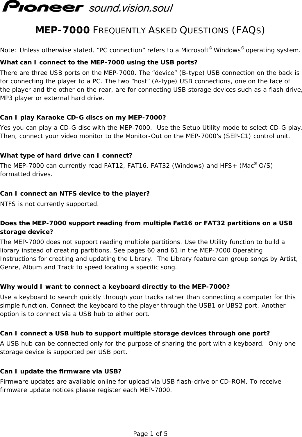 Page 1 of 5 - Pioneer MEP-7000 FAQs If Not Then  FAQ