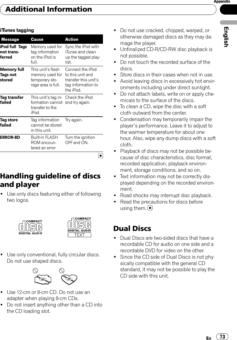 iTunes taggingMessage Cause ActioniPod full Tagsnot trans-ferredMemory used fortag informationon the iPod isfull.Sync the iPod withiTunes and cleanup the tagged play-list.Memory fullTags notstoredThis unit’s flashmemory used fortemporary sto-rage area is full.Connect the iPodto this unit andtransfer this unit’stag information tothe iPod.Tag transferfailedThis unit’s tag in-formation cannottransfer to theiPod.Check the iPodand try again.Tag storefailedTag informationcannot be storedin this unit.Try again.ERROR-8D Built-in FLASHROM encoun-tered an errorTurn the ignitionOFF and ON.Handling guideline of discsand player!Use only discs featuring either of followingtwo logos.!Use only conventional, fully circular discs.Do not use shaped discs.!Use 12-cm or 8-cm CD. Do not use anadapter when playing 8-cm CDs.!Do not insert anything other than a CD intothe CD loading slot.!Do not use cracked, chipped, warped, orotherwise damaged discs as they may da-mage the player.!Unfinalized CD-R/CD-RW disc playback isnot possible.!Do not touch the recorded surface of thediscs.!Store discs in their cases when not in use.!Avoid leaving discs in excessively hot envir-onments including under direct sunlight.!Do not attach labels, write on or apply che-micals to the surface of the discs.!To clean a CD, wipe the disc with a softcloth outward from the center.!Condensation may temporarily impair theplayer’s performance. Leave it to adjust tothe warmer temperature for about onehour. Also, wipe any dump discs with a softcloth.!Playback of discs may not be possible be-cause of disc characteristics, disc format,recorded application, playback environ-ment, storage conditions, and so on.!Text information may not be correctly dis-played depending on the recorded environ-ment.!Road shocks may interrupt disc playback.!Read the precautions for discs beforeusing them.Dual Discs!Dual Discs are two-sided discs that have arecordable CD for audio on one side and arecordable DVD for video on the other.!Since the CD side of Dual Discs is not phy-sically compatible with the general CDstandard, it may not be possible to play theCD side with this unit.Additional InformationEn 73EnglishAppendix