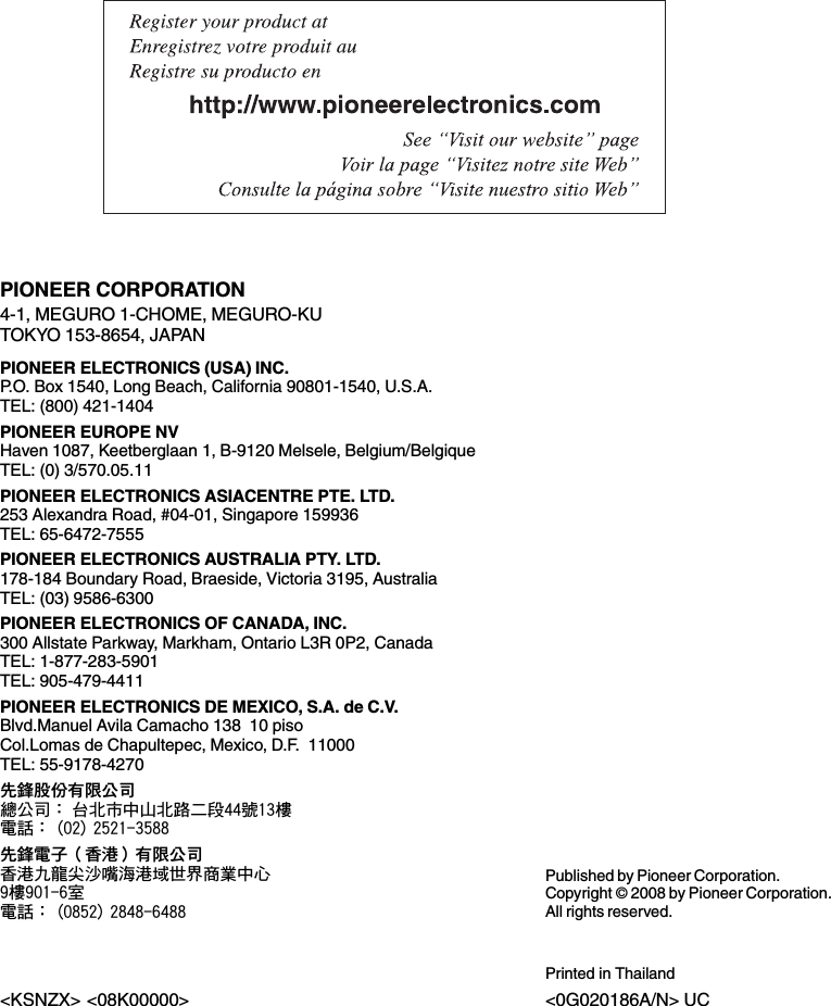 PIONEER CORPORATION4-1, MEGURO 1-CHOME, MEGURO-KUTOKYO 153-8654, JAPANPIONEER ELECTRONICS (USA) INC.P.O. Box 1540, Long Beach, California 90801-1540, U.S.A.TEL: (800) 421-1404PIONEER EUROPE NVHaven 1087, Keetberglaan 1, B-9120 Melsele, Belgium/BelgiqueTEL: (0) 3/570.05.11PIONEER ELECTRONICS ASIACENTRE PTE. LTD.253 Alexandra Road, #04-01, Singapore 159936TEL: 65-6472-7555PIONEER ELECTRONICS AUSTRALIA PTY. LTD.178-184 Boundary Road, Braeside, Victoria 3195, AustraliaTEL: (03) 9586-6300PIONEER ELECTRONICS OF CANADA, INC.300 Allstate Parkway, Markham, Ontario L3R 0P2, CanadaTEL: 1-877-283-5901TEL: 905-479-4411PIONEER ELECTRONICS DE MEXICO, S.A. de C.V.Blvd.Manuel Avila Camacho 138 10 pisoCol.Lomas de Chapultepec, Mexico, D.F. 11000TEL: 55-9178-4270先鋒股份有限公司總公司：台北市中山北路二段44號13樓電話：(02) 2521-3588先鋒電子（香港）有限公司香港九龍尖沙嘴海港域世界商業中心9樓901-6室電話：(0852) 2848-6488Published by Pioneer Corporation.Copyright ©2008 by Pioneer Corporation.All rights reserved.Printed in Thailand&lt;0G020186A/N&gt; UC&lt;KSNZX&gt; &lt;08K00000&gt;