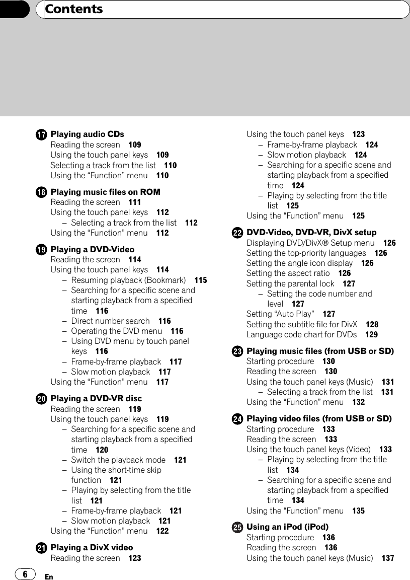 Playing audio CDsReading the screen 109Using the touch panel keys 109Selecting a track from the list 110Using the “Function”menu 110Playing music files on ROMReading the screen 111Using the touch panel keys 112–Selecting a track from the list 112Using the “Function”menu 112Playing a DVD-VideoReading the screen 114Using the touch panel keys 114–Resuming playback (Bookmark) 115–Searching for a specific scene andstarting playback from a specifiedtime 116–Direct number search 116–Operating the DVD menu 116–Using DVD menu by touch panelkeys 116–Frame-by-frame playback 117–Slow motion playback 117Using the “Function”menu 117Playing a DVD-VR discReading the screen 119Using the touch panel keys 119–Searching for a specific scene andstarting playback from a specifiedtime 120–Switch the playback mode 121–Using the short-time skipfunction 121–Playing by selecting from the titlelist 121–Frame-by-frame playback 121–Slow motion playback 121Using the “Function”menu 122Playing a DivX videoReading the screen 123Using the touch panel keys 123–Frame-by-frame playback 124–Slow motion playback 124–Searching for a specific scene andstarting playback from a specifiedtime 124–Playing by selecting from the titlelist 125Using the “Function”menu 125DVD-Video, DVD-VR, DivX setupDisplaying DVD/DivX® Setup menu 126Setting the top-priority languages 126Setting the angle icon display 126Setting the aspect ratio 126Setting the parental lock 127–Setting the code number andlevel 127Setting “Auto Play”127Setting the subtitle file for DivX 128Language code chart for DVDs 129Playing music files (from USB or SD)Starting procedure 130Reading the screen 130Using the touch panel keys (Music) 131–Selecting a track from the list 131Using the “Function”menu 132Playing video files (from USB or SD)Starting procedure 133Reading the screen 133Using the touch panel keys (Video) 133–Playing by selecting from the titlelist 134–Searching for a specific scene andstarting playback from a specifiedtime 134Using the “Function”menu 135Using an iPod (iPod)Starting procedure 136Reading the screen 136Using the touch panel keys (Music) 137ContentsEn6