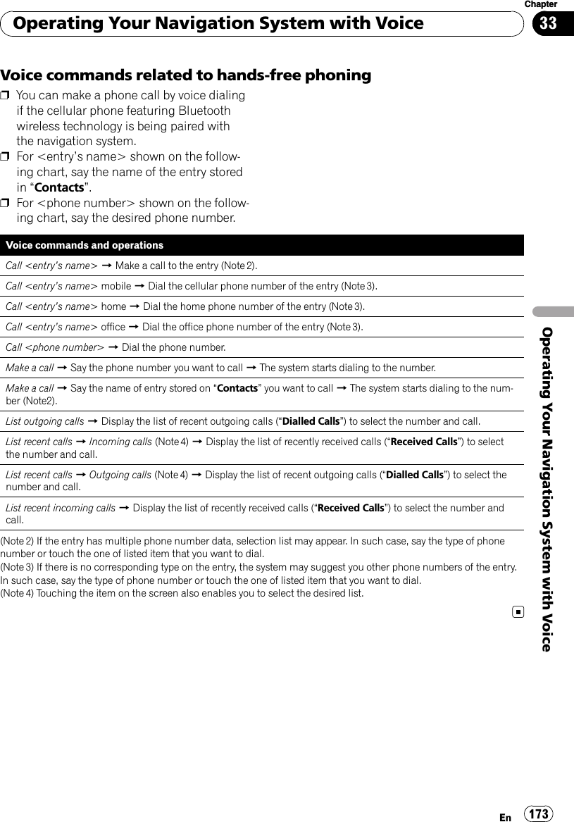 Voice commands related to hands-free phoningpYou can make a phone call by voice dialingif the cellular phone featuring Bluetoothwireless technology is being paired withthe navigation system.pFor &lt;entry’s name&gt; shown on the follow-ing chart, say the name of the entry storedin “Contacts”.pFor &lt;phone number&gt; shown on the follow-ing chart, say the desired phone number.Voice commands and operationsCall &lt;entry’sname&gt;dMake a call to the entry (Note 2).Call &lt;entry’sname&gt;mobile dDial the cellular phone number of the entry (Note 3).Call &lt;entry’sname&gt;home dDial the home phone number of the entry (Note 3).Call &lt;entry’sname&gt;office dDial the office phone number of the entry (Note 3).Call &lt;phone number&gt; dDial the phone number.Make a call dSay the phone number you want to call dThe system starts dialing to the number.Make a call dSay the name of entry stored on “Contacts”you want to call dThe system starts dialing to the num-ber (Note2).List outgoing calls dDisplay the list of recent outgoing calls (“Dialled Calls”) to select the number and call.List recent calls dIncoming calls (Note 4) dDisplay the list of recently received calls (“Received Calls”) to selectthe number and call.List recent calls dOutgoing calls (Note 4) dDisplay the list of recent outgoing calls (“Dialled Calls”) to select thenumber and call.List recent incoming calls dDisplay the list of recently received calls (“Received Calls”) to select the number andcall.(Note 2) If the entry has multiple phone number data, selection list may appear. In such case, say the type of phonenumber or touch the one of listed item that you want to dial.(Note 3) If there is no corresponding type on the entry, the system may suggest you other phone numbers of the entry.In such case, say the type of phone number or touch the one of listed item that you want to dial.(Note 4) Touching the item on the screen also enables you to select the desired list.Operating Your Navigation System with VoiceEn 173Chapter33Operating Your Navigation System with Voice