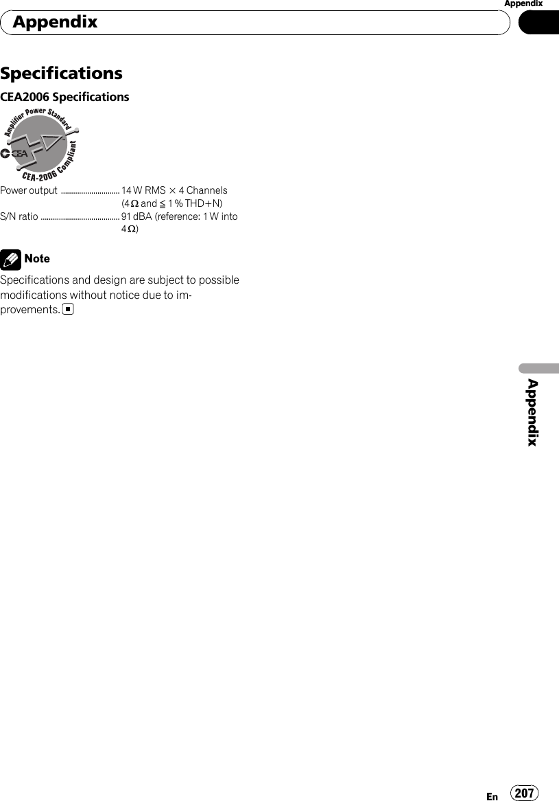 SpecificationsCEA2006 SpecificationsPower output ............................. 14 W RMS × 4 Channels(4 Wand ≦1 % THD+N)S/N ratio ....................................... 91 dBA (reference: 1 W into4W)NoteSpecifications and design are subject to possiblemodifications without notice due to im-provements.AppendixEn 207AppendixAppendix