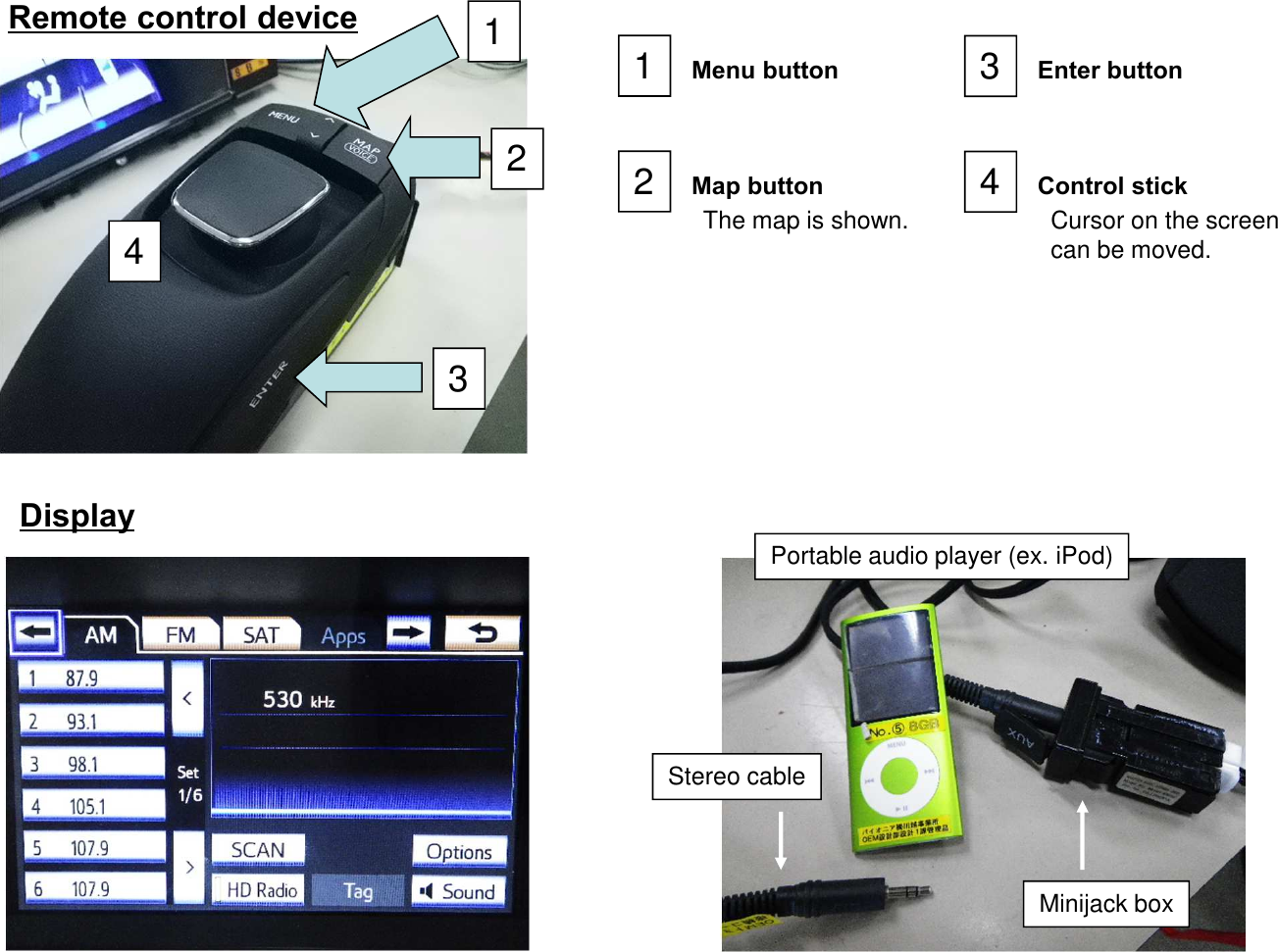 123Menu buttonMap buttonEnter button4Control stickThe map is shown. Cursor on the screen can be moved.1234DisplayRemote control deviceMinijack boxStereo cablePortable audio player (ex. iPod)