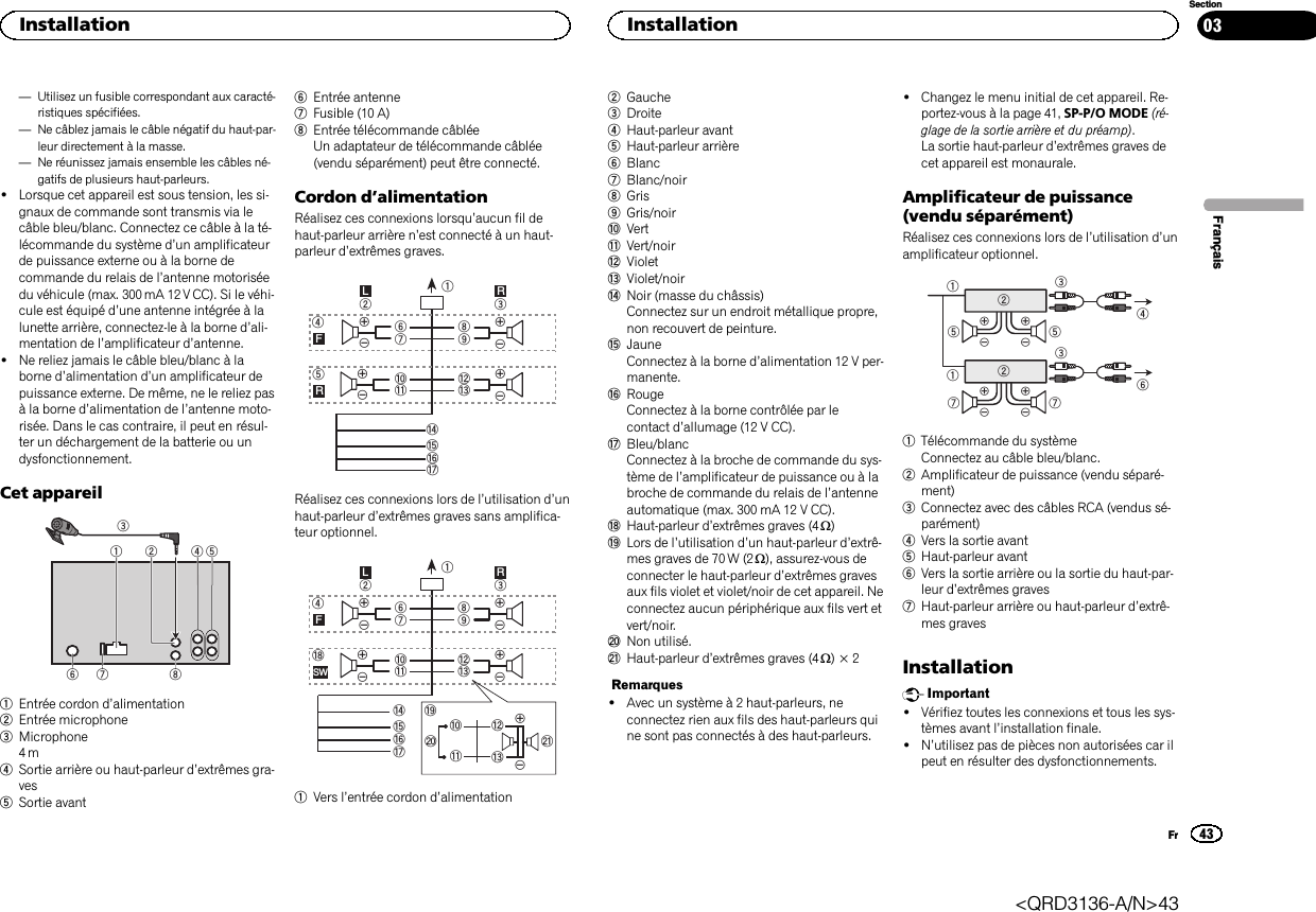 —Utilisez un fusible correspondant aux caracté-ristiques spécifiées.—Ne câblez jamais le câble négatif du haut-par-leur directement à la masse.—Ne réunissez jamais ensemble les câbles né-gatifs de plusieurs haut-parleurs.!Lorsque cet appareil est sous tension, les si-gnaux de commande sont transmis via lecâble bleu/blanc. Connectez ce câble à la té-lécommande du système d’un amplificateurde puissance externe ou à la borne decommande du relais de l’antenne motoriséedu véhicule (max. 300 mA 12 V CC). Si le véhi-cule est équipé d’une antenne intégrée à lalunette arrière, connectez-le à la borne d’ali-mentation de l’amplificateur d’antenne.!Ne reliez jamais le câble bleu/blanc à laborne d’alimentation d’un amplificateur depuissance externe. De même, ne le reliez pasà la borne d’alimentation de l’antenne moto-risée. Dans le cas contraire, il peut en résul-ter un déchargement de la batterie ou undysfonctionnement.Cet appareil132678451Entrée cordon d’alimentation2Entrée microphone3Microphone4m4Sortie arrière ou haut-parleur d’extrêmes gra-ves5Sortie avant6Entrée antenne7Fusible (10 A)8Entrée télécommande câbléeUn adaptateur de télécommande câblée(vendu séparément) peut être connecté.Cordon d’alimentationRéalisez ces connexions lorsqu’aucun fil dehaut-parleur arrière n’est connecté à un haut-parleur d’extrêmes graves.189cd632457abefhgLRFRRéalisez ces connexions lors de l’utilisation d’unhaut-parleur d’extrêmes graves sans amplifica-teur optionnel.189cd63247ababefhgLRFSWijdckl1Vers l’entrée cordon d’alimentation2Gauche3Droite4Haut-parleur avant5Haut-parleur arrière6Blanc7Blanc/noir8Gris9Gris/noiraVertbVert/noircVioletdViolet/noireNoir (masse du châssis)Connectez sur un endroit métallique propre,non recouvert de peinture.fJauneConnectez à la borne d’alimentation 12 V per-manente.gRougeConnectez à la borne contrôlée par lecontact d’allumage (12 V CC).hBleu/blancConnectez à la broche de commande du sys-tème de l’amplificateur de puissance ou à labroche de commande du relais de l’antenneautomatique (max. 300 mA 12 V CC).iHaut-parleur d’extrêmes graves (4 W)jLors de l’utilisation d’un haut-parleur d’extrê-mes graves de 70 W (2 W), assurez-vous deconnecter le haut-parleur d’extrêmes gravesaux fils violet et violet/noir de cet appareil. Neconnectez aucun périphérique aux fils vert etvert/noir.kNon utilisé.lHaut-parleur d’extrêmes graves (4 W)×2Remarques!Avec un système à 2 haut-parleurs, neconnectez rien aux fils des haut-parleurs quine sont pas connectés à des haut-parleurs.!Changez le menu initial de cet appareil. Re-portez-vous à la page 41, SP-P/O MODE (ré-glage de la sortie arrière et du préamp).La sortie haut-parleur d’extrêmes graves decet appareil est monaurale.Amplificateur de puissance(vendu séparément)Réalisez ces connexions lors de l’utilisation d’unamplificateur optionnel.1132455326771Télécommande du systèmeConnectez au câble bleu/blanc.2Amplificateur de puissance (vendu séparé-ment)3Connectez avec des câbles RCA (vendus sé-parément)4Vers la sortie avant5Haut-parleur avant6Vers la sortie arrière ou la sortie du haut-par-leur d’extrêmes graves7Haut-parleur arrière ou haut-parleur d’extrê-mes gravesInstallationImportant!Vérifiez toutes les connexions et tous les sys-tèmes avant l’installation finale.!N’utilisez pas de pièces non autorisées car ilpeut en résulter des dysfonctionnements.FrançaisInstallation43SectionInstallationFr03&lt;QRD3136-A/N&gt;43