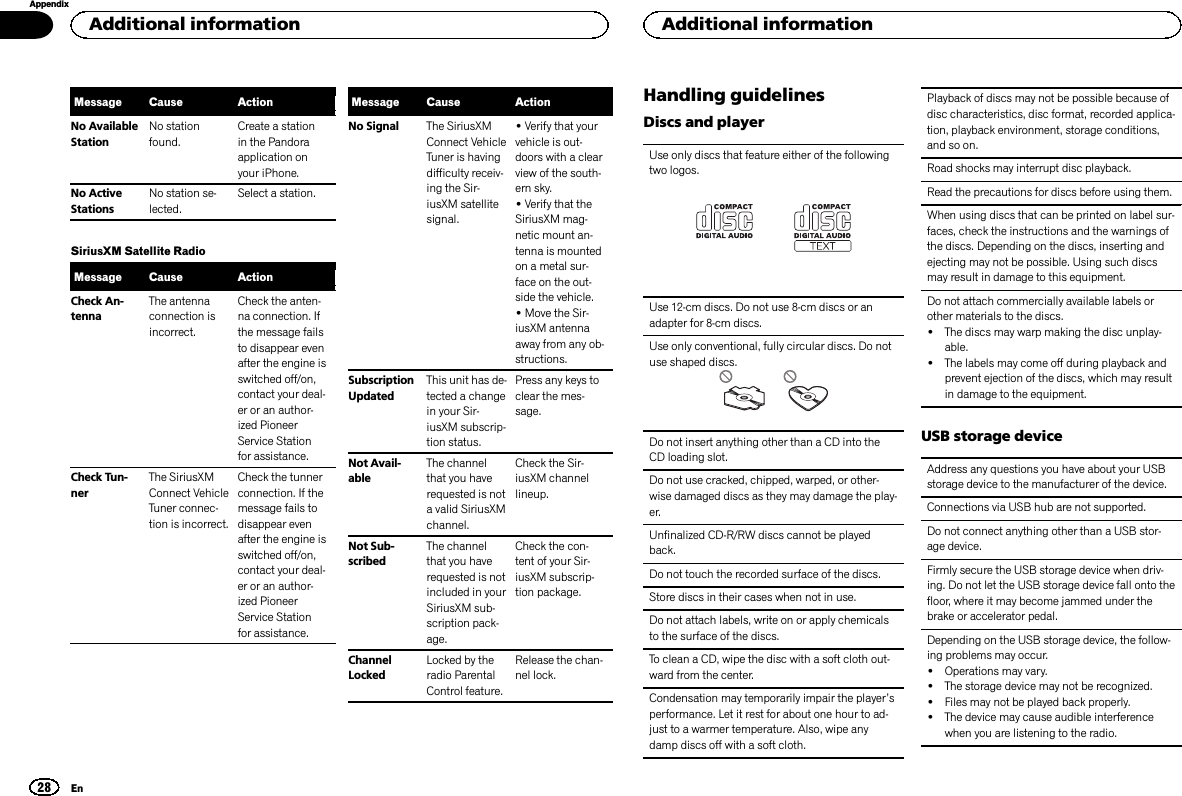 Message Cause ActionNo AvailableStationNo stationfound.Create a stationin the Pandoraapplication onyour iPhone.No ActiveStationsNo station se-lected.Select a station.SiriusXM Satellite RadioMessage Cause ActionCheck An-tennaThe antennaconnection isincorrect.Check the anten-na connection. Ifthe message failsto disappear evenafter the engine isswitched off/on,contact your deal-er or an author-ized PioneerService Stationfor assistance.Check Tun-nerThe SiriusXMConnect VehicleTuner connec-tion is incorrect.Check the tunnerconnection. If themessage fails todisappear evenafter the engine isswitched off/on,contact your deal-er or an author-ized PioneerService Stationfor assistance.Message Cause ActionNo Signal The SiriusXMConnect VehicleTuner is havingdifficulty receiv-ing the Sir-iusXM satellitesignal.!Verify that yourvehicle is out-doors with a clearview of the south-ern sky.!Verify that theSiriusXM mag-netic mount an-tenna is mountedon a metal sur-face on the out-side the vehicle.!Move the Sir-iusXM antennaaway from any ob-structions.SubscriptionUpdatedThis unit has de-tected a changein your Sir-iusXM subscrip-tion status.Press any keys toclear the mes-sage.Not Avail-ableThe channelthat you haverequested is nota valid SiriusXMchannel.Check the Sir-iusXM channellineup.Not Sub-scribedThe channelthat you haverequested is notincluded in yourSiriusXM sub-scription pack-age.Check the con-tent of your Sir-iusXM subscrip-tion package.ChannelLockedLocked by theradio ParentalControl feature.Release the chan-nel lock.Handling guidelinesDiscs and playerUse only discs that feature either of the followingtwo logos.Use 12-cm discs. Do not use 8-cm discs or anadapter for 8-cm discs.Use only conventional, fully circular discs. Do notuse shaped discs.Do not insert anything other than a CD into theCD loading slot.Do not use cracked, chipped, warped, or other-wise damaged discs as they may damage the play-er.Unfinalized CD-R/RW discs cannot be playedback.Do not touch the recorded surface of the discs.Store discs in their cases when not in use.Do not attach labels, write on or apply chemicalsto the surface of the discs.To clean a CD, wipe the disc with a soft cloth out-ward from the center.Condensation may temporarily impair the player’sperformance. Let it rest for about one hour to ad-just to a warmer temperature. Also, wipe anydamp discs off with a soft cloth.Playback of discs may not be possible because ofdisc characteristics, disc format, recorded applica-tion, playback environment, storage conditions,and so on.Road shocks may interrupt disc playback.Read the precautions for discs before using them.When using discs that can be printed on label sur-faces, check the instructions and the warnings ofthe discs. Depending on the discs, inserting andejecting may not be possible. Using such discsmay result in damage to this equipment.Do not attach commercially available labels orother materials to the discs.!The discs may warp making the disc unplay-able.!The labels may come off during playback andprevent ejection of the discs, which may resultin damage to the equipment.USB storage deviceAddress any questions you have about your USBstorage device to the manufacturer of the device.Connections via USB hub are not supported.Do not connect anything other than a USB stor-age device.Firmly secure the USB storage device when driv-ing. Do not let the USB storage device fall onto thefloor, where it may become jammed under thebrake or accelerator pedal.Depending on the USB storage device, the follow-ing problems may occur.!Operations may vary.!The storage device may not be recognized.!Files may not be played back properly.!The device may cause audible interferencewhen you are listening to the radio.Additional information28AppendixAdditional informationEn