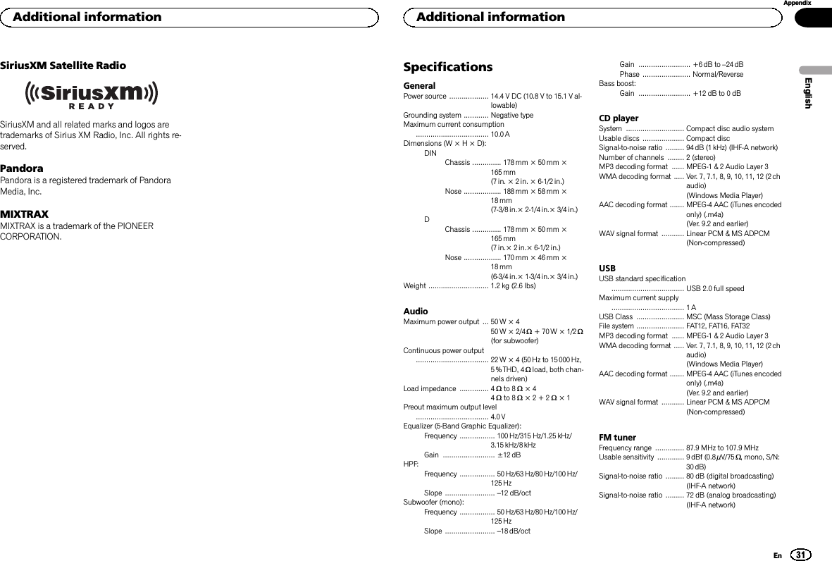 SiriusXM Satellite RadioSiriusXM and all related marks and logos aretrademarks of Sirius XM Radio, Inc. All rights re-served.PandoraPandora is a registered trademark of PandoraMedia, Inc.MIXTRAXMIXTRAX is a trademark of the PIONEERCORPORATION.SpecificationsGeneralPower source ................... 14.4 V DC (10.8 V to 15.1 V al-lowable)Grounding system ............ Negative typeMaximum current consumption................................... 10.0 ADimensions (W × H × D):DINChassis .............. 178mm × 50mm ×165 mm(7 in. × 2 in. × 6-1/2 in.)Nose .................. 188 mm × 58mm ×18 mm(7-3/8 in.× 2-1/4 in.× 3/4 in.)DChassis .............. 178mm × 50mm ×165 mm(7 in.× 2 in.× 6-1/2 in.)Nose .................. 170 mm × 46mm ×18 mm(6-3/4 in.× 1-3/4 in.× 3/4 in.)Weight ............................. 1.2 kg (2.6 lbs)AudioMaximum power output ... 50 W × 450 W × 2/4 W+70W×1/2W(for subwoofer)Continuous power output................................... 22 W × 4 (50 Hz to 15000 Hz,5 % THD, 4 Wload, both chan-nels driven)Load impedance .............. 4 Wto 8 W×44Wto 8 W×2+2W×1Preout maximum output level................................... 4.0 VEqualizer (5-Band Graphic Equalizer):Frequency ................. 100 Hz/315 Hz/1.25 kHz/3.15 kHz/8 kHzGain ......................... ±12 dBHPF:Frequency ................. 50 Hz/63 Hz/80 Hz/100 Hz/125 HzSlope ........................ –12 dB/octSubwoofer (mono):Frequency ................. 50 Hz/63 Hz/80 Hz/100 Hz/125 HzSlope ........................ –18 dB/octGain ......................... +6 dB to –24 dBPhase ....................... Normal/ReverseBass boost:Gain ......................... +12 dB to 0 dBCD playerSystem ............................ Compact disc audio systemUsable discs .................... Compact discSignal-to-noise ratio ......... 94 dB (1 kHz) (IHF-A network)Number of channels ........ 2 (stereo)MP3 decoding format ...... MPEG-1 &amp; 2 Audio Layer 3WMA decoding format ..... Ver. 7, 7.1, 8, 9, 10, 11, 12 (2 chaudio)(Windows Media Player)AAC decoding format ....... MPEG-4 AAC (iTunes encodedonly) (.m4a)(Ver. 9.2 and earlier)WAV signal format ........... Linear PCM &amp; MS ADPCM(Non-compressed)USBUSB standard specification................................... USB 2.0 full speedMaximum current supply................................... 1 AUSB Class ....................... MSC (Mass Storage Class)File system ....................... FAT12, FAT16, FAT32MP3 decoding format ...... MPEG-1 &amp; 2 Audio Layer 3WMA decoding format ..... Ver. 7, 7.1, 8, 9, 10, 11, 12 (2 chaudio)(Windows Media Player)AAC decoding format ....... MPEG-4 AAC (iTunes encodedonly) (.m4a)(Ver. 9.2 and earlier)WAV signal format ........... Linear PCM &amp; MS ADPCM(Non-compressed)FM tunerFrequency range .............. 87.9 MHz to 107.9 MHzUsable sensitivity ............. 9 dBf (0.8 µV/75 W, mono, S/N:30 dB)Signal-to-noise ratio ......... 80 dB (digital broadcasting)(IHF-A network)Signal-to-noise ratio ......... 72 dB (analog broadcasting)(IHF-A network)EnglishAdditional information31AppendixAdditional informationEn