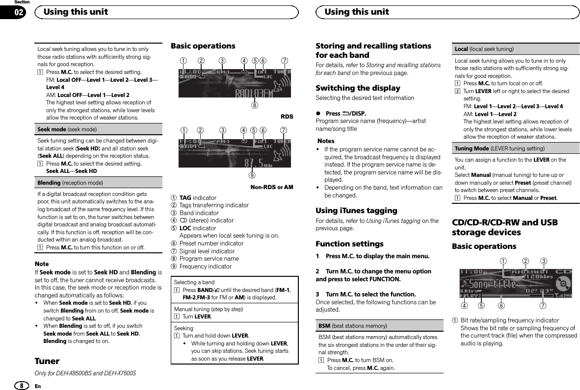 Local seek tuning allows you to tune in to onlythose radio stations with sufficiently strong sig-nals for good reception.1Press M.C. to select the desired setting.FM: Local OFF—Level 1—Level 2—Level 3—Level 4AM: Local OFF—Level 1—Level 2The highest level setting allows reception ofonly the strongest stations, while lower levelsallow the reception of weaker stations.Seek mode (seek mode)Seek tuning setting can be changed between digi-tal station seek (Seek HD) and all station seek(Seek ALL) depending on the reception status.1Press M.C. to select the desired setting.Seek ALL—Seek HDBlending (reception mode)If a digital broadcast reception condition getspoor, this unit automatically switches to the ana-log broadcast of the same frequency level. If thisfunction is set to on, the tuner switches betweendigital broadcast and analog broadcast automati-cally. If this function is off, reception will be con-ducted within an analog broadcast.1Press M.C. to turn this function on or off.NoteIf Seek mode is set to Seek HD and Blending isset to off, the tuner cannot receive broadcasts.In this case, the seek mode or reception mode ischanged automatically as follows:!When Seek mode is set to Seek HD, if youswitch Blending from on to off, Seek mode ischanged to Seek ALL.!When Blending is set to off, if you switchSeek mode from Seek ALL to Seek HD,Blending is changed to on.TunerOnly for DEH-X8500BS and DEH-X7500SBasic operations83 4 61 2 75RDS91 4 632 75Non-RDS or AM1TAG indicator2Tags transferring indicator3Band indicator45(stereo) indicator5LOC indicatorAppears when local seek tuning is on.6Preset number indicator7Signal level indicator8Program service name9Frequency indicatorSelecting a band1Press BAND/until the desired band (FM-1,FM-2,FM-3 for FM or AM) is displayed.Manual tuning (step by step)1Turn LEVER.Seeking1Turn and hold down LEVER.!While turning and holding down LEVER,you can skip stations. Seek tuning startsas soon as you release LEVER.Storing and recalling stationsfor each bandFor details, refer to Storing and recalling stationsfor each band on the previous page.Switching the displaySelecting the desired text information%Press /DISP.Program service name (frequency)—artistname/song titleNotes!If the program service name cannot be ac-quired, the broadcast frequency is displayedinstead. If the program service name is de-tected, the program service name will be dis-played.!Depending on the band, text information canbe changed.Using iTunes taggingFor details, refer to Using iTunes tagging on theprevious page.Function settings1 Press M.C. to display the main menu.2 Turn M.C. to change the menu optionand press to select FUNCTION.3 Turn M.C. to select the function.Once selected, the following functions can beadjusted.BSM (best stations memory)BSM (best stations memory) automatically storesthe six strongest stations in the order of their sig-nal strength.1Press M.C. to turn BSM on.To cancel, press M.C. again.Local (local seek tuning)Local seek tuning allows you to tune in to onlythose radio stations with sufficiently strong sig-nals for good reception.1Press M.C. to turn local on or off.2Turn LEVER left or right to select the desiredsetting.FM: Level 1—Level 2—Level 3—Level 4AM: Level 1—Level 2The highest level setting allows reception ofonly the strongest stations, while lower levelsallow the reception of weaker stations.Tuning Mode (LEVER tuning setting)You can assign a function to the LEVER on theunit.Select Manual (manual tuning) to tune up ordown manually or select Preset (preset channel)to switch between preset channels.1Press M.C. to select Manual or Preset.CD/CD-R/CD-RW and USBstorage devicesBasic operations75 643211Bit rate/sampling frequency indicatorShows the bit rate or sampling frequency ofthe current track (file) when the compressedaudio is playing.Using this unit8SectionUsing this unitEn02