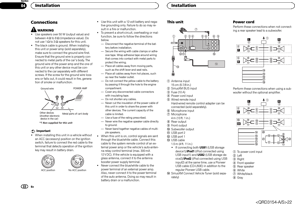 ConnectionsWARNING!Use speakers over 50 W (output value) andbetween 4 Wto 8 W(impedance value). Donot use 1 Wto 3 Wspeakers for this unit.!The black cable is ground. When installingthis unit or power amp (sold separately),make sure to connect the ground wire first.Ensure that the ground wire is properly con-nected to metal parts of the car’s body. Theground wire of the power amp and the one ofthis unit or any other device must be con-nected to the car separately with differentscrews. If the screw for the ground wire loos-ens or falls out, it could result in fire, genera-tion of smoke or malfunction.Ground wireMetal parts of car’s bodyPOWER AMPOther devices(Another electronic device in the car)Important!When installing this unit in a vehicle withoutan ACC (accessory) position on the ignitionswitch, failure to connect the red cable to theterminal that detects operation of the ignitionkey may result in battery drain.ONSTARTOFFACC position No ACC position!Use this unit with a 12-volt battery and nega-tive grounding only. Failure to do so may re-sult in a fire or malfunction.!To prevent a short-circuit, overheating or mal-function, be sure to follow the directionsbelow.—Disconnect the negative terminal of the bat-tery before installation.—Secure the wiring with cable clamps or adhe-sive tape. Wrap adhesive tape around wiringthat comes into contact with metal parts toprotect the wiring.—Place all cables away from moving parts,such as the shift lever and seat rails.—Place all cables away from hot places, suchas near the heater outlet.—Do not connect the yellow cable to the batteryby passing it through the hole to the enginecompartment.—Cover any disconnected cable connectorswith insulating tape.—Do not shorten any cables.—Never cut the insulation of the power cable ofthis unit in order to share the power withother devices. The current capacity of thecable is limited.—Use a fuse of the rating prescribed.—Never wire the negative speaker cable directlyto ground.—Never band together negative cables of multi-ple speakers.!When this unit is on, control signals are sentthrough the blue/white cable. Connect thiscable to the system remote control of an ex-ternal power amp or the vehicle’s auto-anten-na relay control terminal (max. 300 mA12 V DC). If the vehicle is equipped with aglass antenna, connect it to the antennabooster power supply terminal.!Never connect the blue/white cable to thepower terminal of an external power amp.Also, never connect it to the power terminalof the auto antenna. Doing so may result inbattery drain or a malfunction.This unit123485 9abce67d1Antenna input15 cm (5-7/8 in.)2SiriusXM BUS input3Fuse (10 A)4Power cord input5Wired remote inputHard-wired remote control adapter can beconnected (sold separately).6Microphone input7Microphone4 m (13 ft. 1 in.)8Rear output9Front outputaSubwoofer outputbUSB port 2cUSB port 1dUSB cable1.5 m (4 ft. 11 in.)!If connecting both USB1 (USB storagedevice1)/iPod1 (iPod connected usingUSB input1) and USB2 (USB storage de-vice2)/iPod2 (iPod connected using USBinput2) at the same time, use a PioneerUSB cable (CD-U50E) in addition to theregular Pioneer USB cable.eSiriusXM Connect Vehicle Tuner (sold sepa-rately)Power cordPerform these connections when not connect-ing a rear speaker lead to a subwoofer.189cd632457abefhigLRFRPerform these connections when using a sub-woofer without the optional amplifier.189cd63247ababefighLRFSWjkdclm1To power cord input2Left3Right4Front speaker5Rear speaker6White7White/black8GrayInstallation22SectionInstallationEn04&lt;QRD3154-A/S&gt;22