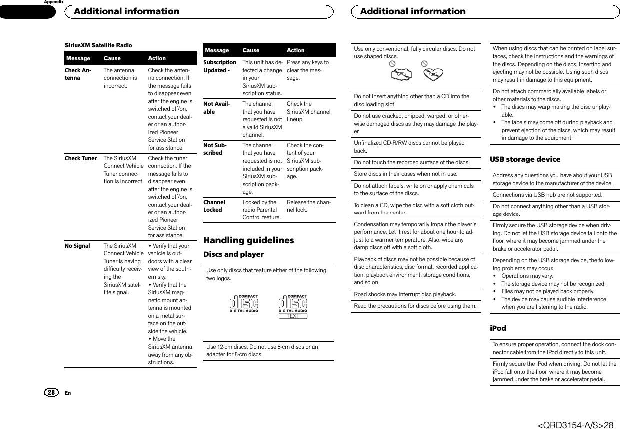 SiriusXM Satellite RadioMessage Cause ActionCheck An-tennaThe antennaconnection isincorrect.Check the anten-na connection. Ifthe message failsto disappear evenafter the engine isswitched off/on,contact your deal-er or an author-ized PioneerService Stationfor assistance.Check Tuner The SiriusXMConnect VehicleTuner connec-tion is incorrect.Check the tunerconnection. If themessage fails todisappear evenafter the engine isswitched off/on,contact your deal-er or an author-ized PioneerService Stationfor assistance.No Signal The SiriusXMConnect VehicleTuner is havingdifficulty receiv-ing theSiriusXM satel-lite signal.!Verify that yourvehicle is out-doors with a clearview of the south-ern sky.!Verify that theSiriusXM mag-netic mount an-tenna is mountedon a metal sur-face on the out-side the vehicle.!Move theSiriusXM antennaaway from any ob-structions.Message Cause ActionSubscriptionUpdated -This unit has de-tected a changein yourSiriusXM sub-scription status.Press any keys toclear the mes-sage.Not Avail-ableThe channelthat you haverequested is nota valid SiriusXMchannel.Check theSiriusXM channellineup.Not Sub-scribedThe channelthat you haverequested is notincluded in yourSiriusXM sub-scription pack-age.Check the con-tent of yourSiriusXM sub-scription pack-age.ChannelLockedLocked by theradio ParentalControl feature.Release the chan-nel lock.Handling guidelinesDiscs and playerUse only discs that feature either of the followingtwo logos.Use 12-cm discs. Do not use 8-cm discs or anadapter for 8-cm discs.Use only conventional, fully circular discs. Do notuse shaped discs.Do not insert anything other than a CD into thedisc loading slot.Do not use cracked, chipped, warped, or other-wise damaged discs as they may damage the play-er.Unfinalized CD-R/RW discs cannot be playedback.Do not touch the recorded surface of the discs.Store discs in their cases when not in use.Do not attach labels, write on or apply chemicalsto the surface of the discs.To clean a CD, wipe the disc with a soft cloth out-ward from the center.Condensation may temporarily impair the player’sperformance. Let it rest for about one hour to ad-just to a warmer temperature. Also, wipe anydamp discs off with a soft cloth.Playback of discs may not be possible because ofdisc characteristics, disc format, recorded applica-tion, playback environment, storage conditions,and so on.Road shocks may interrupt disc playback.Read the precautions for discs before using them.When using discs that can be printed on label sur-faces, check the instructions and the warnings ofthe discs. Depending on the discs, inserting andejecting may not be possible. Using such discsmay result in damage to this equipment.Do not attach commercially available labels orother materials to the discs.!The discs may warp making the disc unplay-able.!The labels may come off during playback andprevent ejection of the discs, which may resultin damage to the equipment.USB storage deviceAddress any questions you have about your USBstorage device to the manufacturer of the device.Connections via USB hub are not supported.Do not connect anything other than a USB stor-age device.Firmly secure the USB storage device when driv-ing. Do not let the USB storage device fall onto thefloor, where it may become jammed under thebrake or accelerator pedal.Depending on the USB storage device, the follow-ing problems may occur.!Operations may vary.!The storage device may not be recognized.!Files may not be played back properly.!The device may cause audible interferencewhen you are listening to the radio.iPodTo ensure proper operation, connect the dock con-nector cable from the iPod directly to this unit.Firmly secure the iPod when driving. Do not let theiPod fall onto the floor, where it may becomejammed under the brake or accelerator pedal.Additional information28AppendixAdditional informationEn&lt;QRD3154-A/S&gt;28