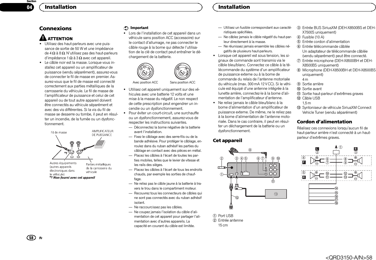 ConnexionsATTENTION!Utilisez des haut-parleurs avec une puis-sance de sortie de 50 W et une impédancede 4 Wà8W.N’utilisez pas des haut-parleursd’impédance 1 Wà3Wavec cet appareil.!Le câble noir est la masse. Lorsque vous in-stallez cet appareil ou un amplificateur depuissance (vendu séparément), assurez-vousde connecter le fil de masse en premier. As-surez-vous que le fil de masse est connectécorrectement aux parties métalliques de lacarrosserie du véhicule. Le fil de masse del’amplificateur de puissance et celui de cetappareil ou de tout autre appareil doiventêtre connectés au véhicule séparément etavec des vis différentes. Si la vis du fil demasse se desserre ou tombe, il peut en résul-ter un incendie, de la fumée ou un dysfonc-tionnement.Non fourni avec cet appareil*1*1Important!Lors de l’installation de cet appareil dans unvéhicule sans position ACC (accessoire) surle contact d’allumage, ne pas connecter lecâble rouge à la borne qui détecte l’utilisa-tion de la clé de contact peut entraîner le dé-chargement de la batterie.ONSTARTOFFAvec position ACC Sans position ACC!Utilisez cet appareil uniquement sur des vé-hicules avec une batterie 12 volts et unemise à la masse du négatif. Le non respectde cette prescription peut engendrer un in-cendie ou un dysfonctionnement.!Pour éviter un court-circuit, une surchauffeou un dysfonctionnement, assurez-vous derespecter les instructions suivantes.—Déconnectez la borne négative de la batterieavant l’installation.—Fixez le câblage avec des serre-fils ou de labande adhésive. Pour protéger le câblage, en-roulez dans du ruban adhésif les parties ducâblage en contact avec des pièces en métal.—Placez les câbles à l’écart de toutes les par-ties mobiles, telles que le levier de vitesse etles rails des sièges.—Placez les câbles à l’écart de tous les endroitschauds, par exemple les sorties de chauf-fage.—Ne reliez pas le câble jaune à la batterie à tra-vers le trou dans le compartiment moteur.—Recouvrez tous les connecteurs de câbles quine sont pas connectés avec du ruban adhésifisolant.—Ne raccourcissez pas les câbles.—Ne coupez jamais l’isolation du câble d’ali-mentation de cet appareil pour partager l’ali-mentation avec d’autres appareils. Lacapacité en courant du câble est limitée.—Utilisez un fusible correspondant aux caracté-ristiques spécifiées.—Ne câblez jamais le câble négatif du haut-par-leur directement à la masse.—Ne réunissez jamais ensemble les câbles né-gatifs de plusieurs haut-parleurs.!Lorsque cet appareil est sous tension, les si-gnaux de commande sont transmis via lecâble bleu/blanc. Connectez ce câble à la té-lécommande du système d’un amplificateurde puissance externe ou à la borne decommande du relais de l’antenne motoriséedu véhicule (max. 300 mA 12 V CC). Si le véhi-cule est équipé d’une antenne intégrée à lalunette arrière, connectez-le à la borne d’ali-mentation de l’amplificateur d’antenne.!Ne reliez jamais le câble bleu/blanc à laborne d’alimentation d’un amplificateur depuissance externe. De même, ne le reliez pasà la borne d’alimentation de l’antenne moto-risée. Dans le cas contraire, il peut en résul-ter un déchargement de la batterie ou undysfonctionnement.Cet appareil234596 abdc7181Port USB2Entrée antenne15 cm3Entrée BUS SiriusXM (DEH-X8500BS et DEH-X7500S uniquement)4Fusible (10 A)5Entrée cordon d’alimentation6Entrée télécommande câbléeUn adaptateur de télécommande câblée(vendu séparément) peut être connecté.7Entrée microphone (DEH-X8500BH et DEH-X8500BS uniquement)8Microphone (DEH-X8500BH et DEH-X8500BSuniquement)4m9Sortie arrièreaSortie avantbSortie haut-parleur d’extrêmes gravescCâble USB1,5 mdSyntoniseur de véhicule SiriusXM ConnectVehicle Tuner (vendu séparément)Cordon d’alimentationRéalisez ces connexions lorsqu’aucun fil dehaut-parleur arrière n’est connecté à un haut-parleur d’extrêmes graves.189cd632457abefhigLRFRInstallation58SectionInstallationFr04&lt;QRD3150-A/N&gt;58