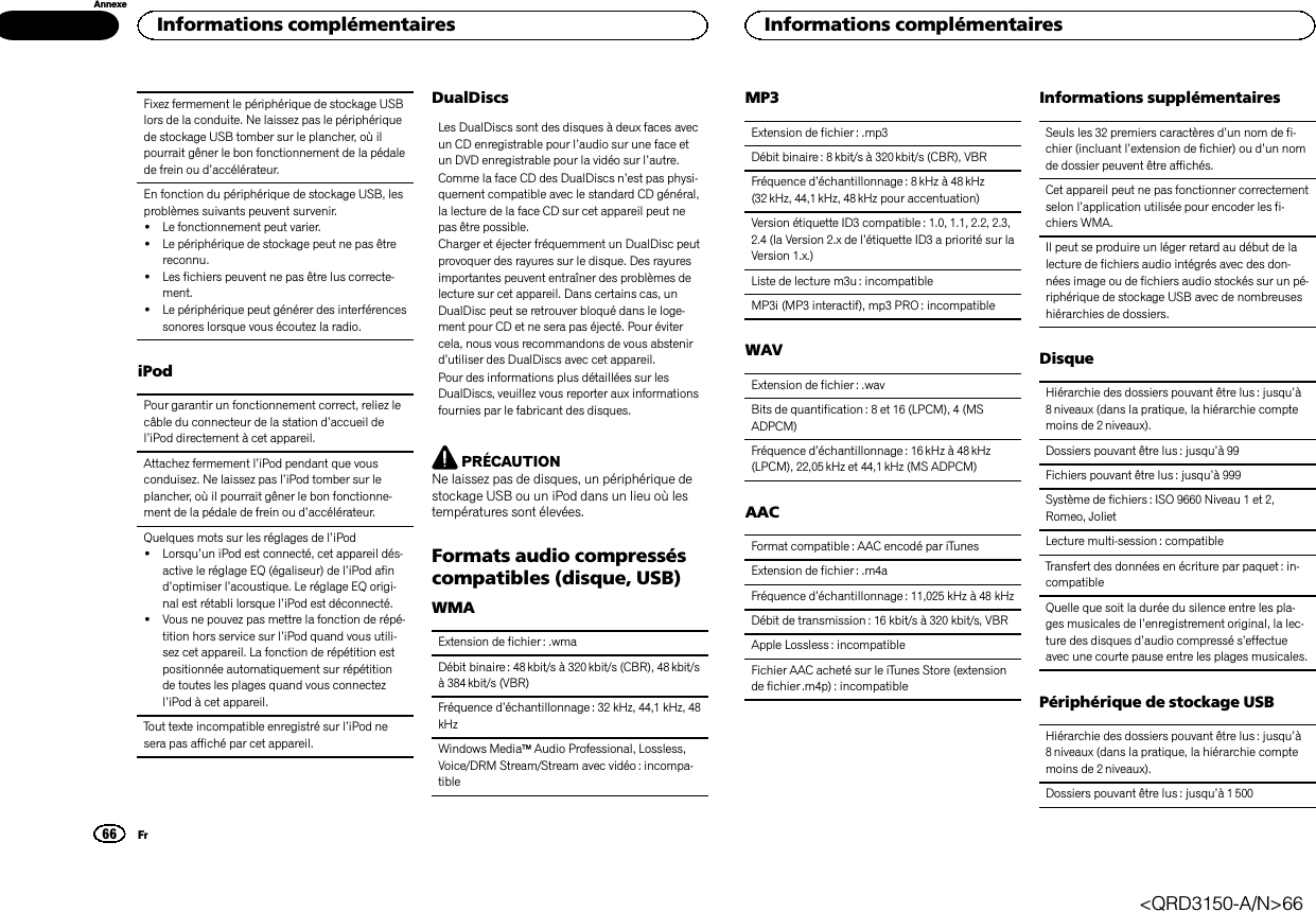 Fixez fermement le périphérique de stockage USBlors de la conduite. Ne laissez pas le périphériquede stockage USB tomber sur le plancher, où ilpourrait gêner le bon fonctionnement de la pédalede frein ou d’accélérateur.En fonction du périphérique de stockage USB, lesproblèmes suivants peuvent survenir.!Le fonctionnement peut varier.!Le périphérique de stockage peut ne pas êtrereconnu.!Les fichiers peuvent ne pas être lus correcte-ment.!Le périphérique peut générer des interférencessonores lorsque vous écoutez la radio.iPodPour garantir un fonctionnement correct, reliez lecâble du connecteur de la station d’accueil del’iPod directement à cet appareil.Attachez fermement l’iPod pendant que vousconduisez. Ne laissez pas l’iPod tomber sur leplancher, où il pourrait gêner le bon fonctionne-ment de la pédale de frein ou d’accélérateur.Quelques mots sur les réglages de l’iPod!Lorsqu’un iPod est connecté, cet appareil dés-active le réglage EQ (égaliseur) de l’iPod afind’optimiser l’acoustique. Le réglage EQ origi-nal est rétabli lorsque l’iPod est déconnecté.!Vous ne pouvez pas mettre la fonction de répé-tition hors service sur l’iPod quand vous utili-sez cet appareil. La fonction de répétition estpositionnée automatiquement sur répétitionde toutes les plages quand vous connectezl’iPod à cet appareil.Tout texte incompatible enregistré sur l’iPod nesera pas affiché par cet appareil.DualDiscsLes DualDiscs sont des disques à deux faces avecun CD enregistrable pour l’audio sur une face etun DVD enregistrable pour la vidéo sur l’autre.Comme la face CD des DualDiscs n’est pas physi-quement compatible avec le standard CD général,la lecture de la face CD sur cet appareil peut nepas être possible.Charger et éjecter fréquemment un DualDisc peutprovoquer des rayures sur le disque. Des rayuresimportantes peuvent entraîner des problèmes delecture sur cet appareil. Dans certains cas, unDualDisc peut se retrouver bloqué dans le loge-ment pour CD et ne sera pas éjecté. Pour évitercela, nous vous recommandons de vous abstenird’utiliser des DualDiscs avec cet appareil.Pour des informations plus détaillées sur lesDualDiscs, veuillez vous reporter aux informationsfournies par le fabricant des disques.PRÉCAUTIONNe laissez pas de disques, un périphérique destockage USB ou un iPod dans un lieu où lestempératures sont élevées.Formats audio compresséscompatibles (disque, USB)WMAExtension de fichier : .wmaDébit binaire : 48 kbit/s à 320kbit/s (CBR), 48 kbit/sà 384 kbit/s (VBR)Fréquence d’échantillonnage : 32 kHz, 44,1 kHz, 48kHzWindows MediaäAudio Professional, Lossless,Voice/DRM Stream/Stream avec vidéo : incompa-tibleMP3Extension de fichier : .mp3Débit binaire : 8 kbit/s à 320 kbit/s (CBR), VBRFréquence d’échantillonnage : 8 kHz à 48 kHz(32 kHz, 44,1 kHz, 48 kHz pour accentuation)Version étiquette ID3 compatible: 1.0, 1.1, 2.2, 2.3,2.4 (la Version 2.x de l’étiquette ID3 a priorité sur laVersion 1.x.)Liste de lecture m3u : incompatibleMP3i (MP3 interactif), mp3 PRO : incompatibleWAVExtension de fichier : .wavBits de quantification : 8 et 16 (LPCM), 4 (MSADPCM)Fréquence d’échantillonnage : 16 kHz à 48 kHz(LPCM), 22,05 kHz et 44,1 kHz (MS ADPCM)AACFormat compatible : AAC encodé par iTunesExtension de fichier : .m4aFréquence d’échantillonnage : 11,025 kHz à 48 kHzDébit de transmission: 16 kbit/s à 320 kbit/s, VBRApple Lossless : incompatibleFichier AAC acheté sur le iTunes Store (extensionde fichier .m4p) : incompatibleInformations supplémentairesSeuls les 32 premiers caractères d’un nom de fi-chier (incluant l’extension de fichier) ou d’un nomde dossier peuvent être affichés.Cet appareil peut ne pas fonctionner correctementselon l’application utilisée pour encoder les fi-chiers WMA.Il peut se produire un léger retard au début de lalecture de fichiers audio intégrés avec des don-nées image ou de fichiers audio stockés sur un pé-riphérique de stockage USB avec de nombreuseshiérarchies de dossiers.DisqueHiérarchie des dossiers pouvant être lus : jusqu’à8 niveaux (dans la pratique, la hiérarchie comptemoins de 2 niveaux).Dossiers pouvant être lus : jusqu’à99Fichiers pouvant être lus : jusqu’à 999Système de fichiers : ISO 9660 Niveau 1 et 2,Romeo, JolietLecture multi-session : compatibleTransfert des données en écriture par paquet : in-compatibleQuelle que soit la durée du silence entre les pla-ges musicales de l’enregistrement original, la lec-ture des disques d’audio compressé s’effectueavec une courte pause entre les plages musicales.Périphérique de stockage USBHiérarchie des dossiers pouvant être lus : jusqu’à8 niveaux (dans la pratique, la hiérarchie comptemoins de 2 niveaux).Dossiers pouvant être lus : jusqu’à 1 500Informations complémentaires66AnnexeInformations complémentairesFr&lt;QRD3150-A/N&gt;66